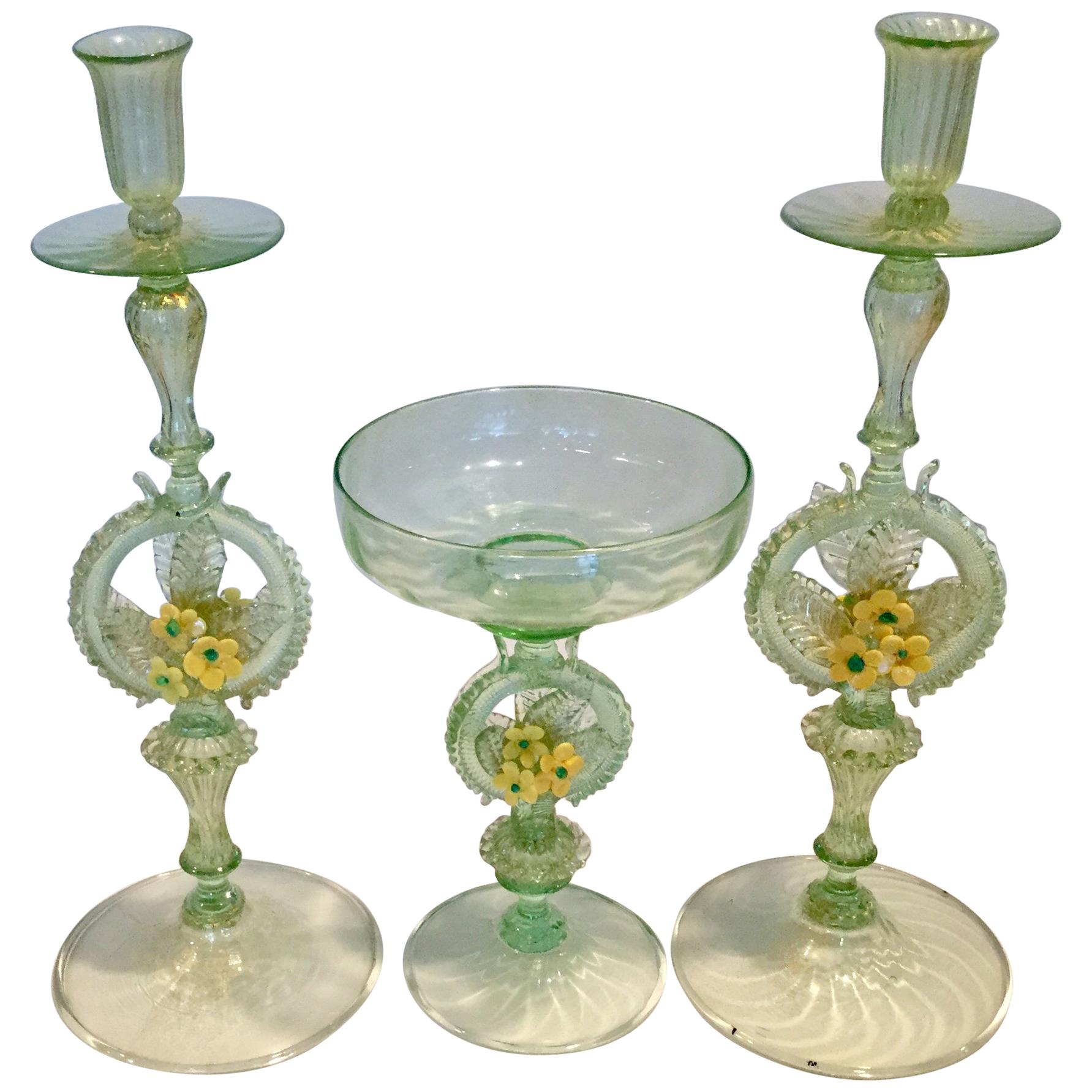 Early Venetian Murano Console Set Pair Candles and Centerpiece For Sale