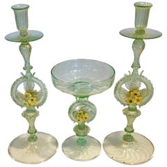 Early Venetian Murano Console Set Pair Candles and Centerpiece