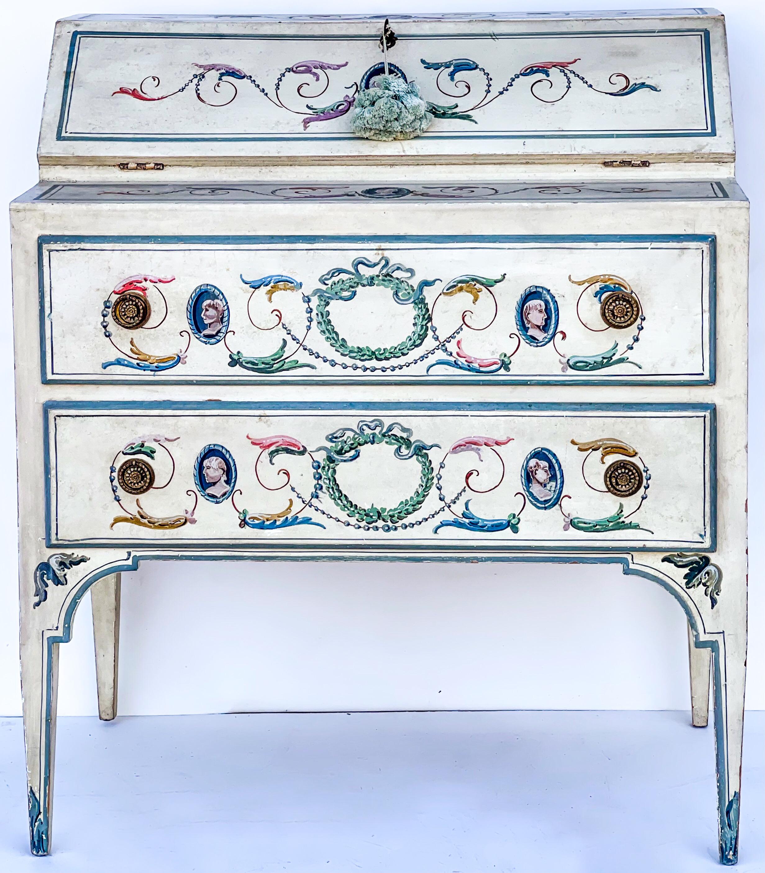 Early Venetian Neo-Classical Style Painted Slant Front Secretary Desk In Good Condition In Kennesaw, GA