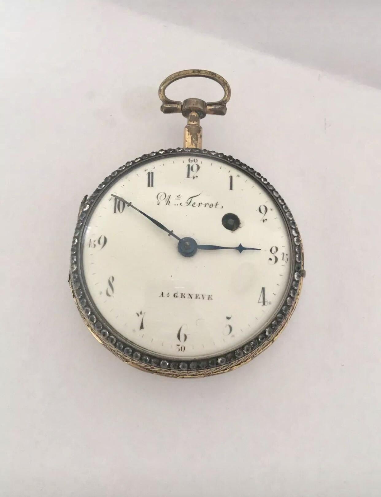 
An Early Verge ,Fusee, Red Enamel Gold Pocket Watch Signed Philipe Terrot, A Geneve.


This beautiful 54mm case diameter watch is in good working condition and is running well. Visible signs of wearing and tear with the white enamel dial shown a