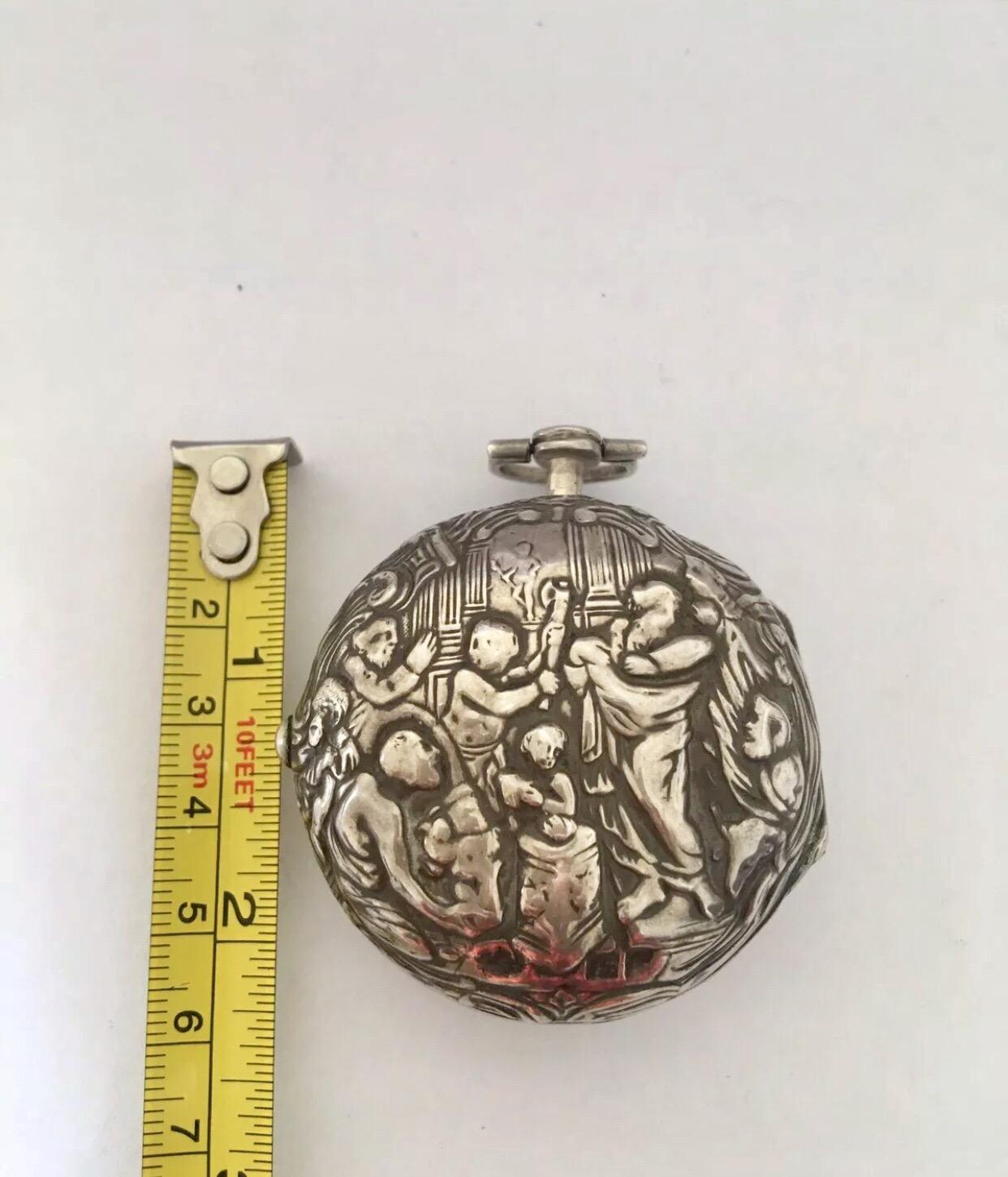 Early Verge Fusee Repousse Silver Pocket Watch by Thomas Lambford, London For Sale 4