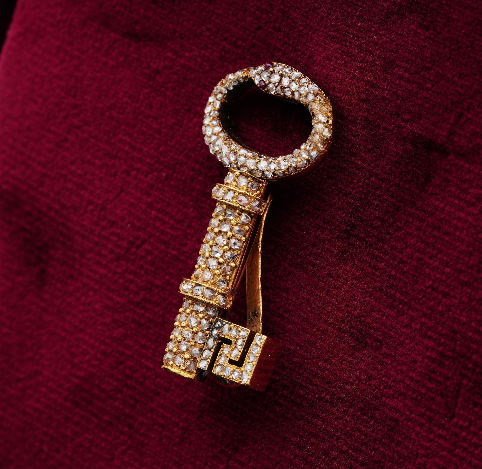 Early Victorian 1.0 Ct Rose Cut Diamond 18 Kt Secret Key to My Heart Brooch Pend 2