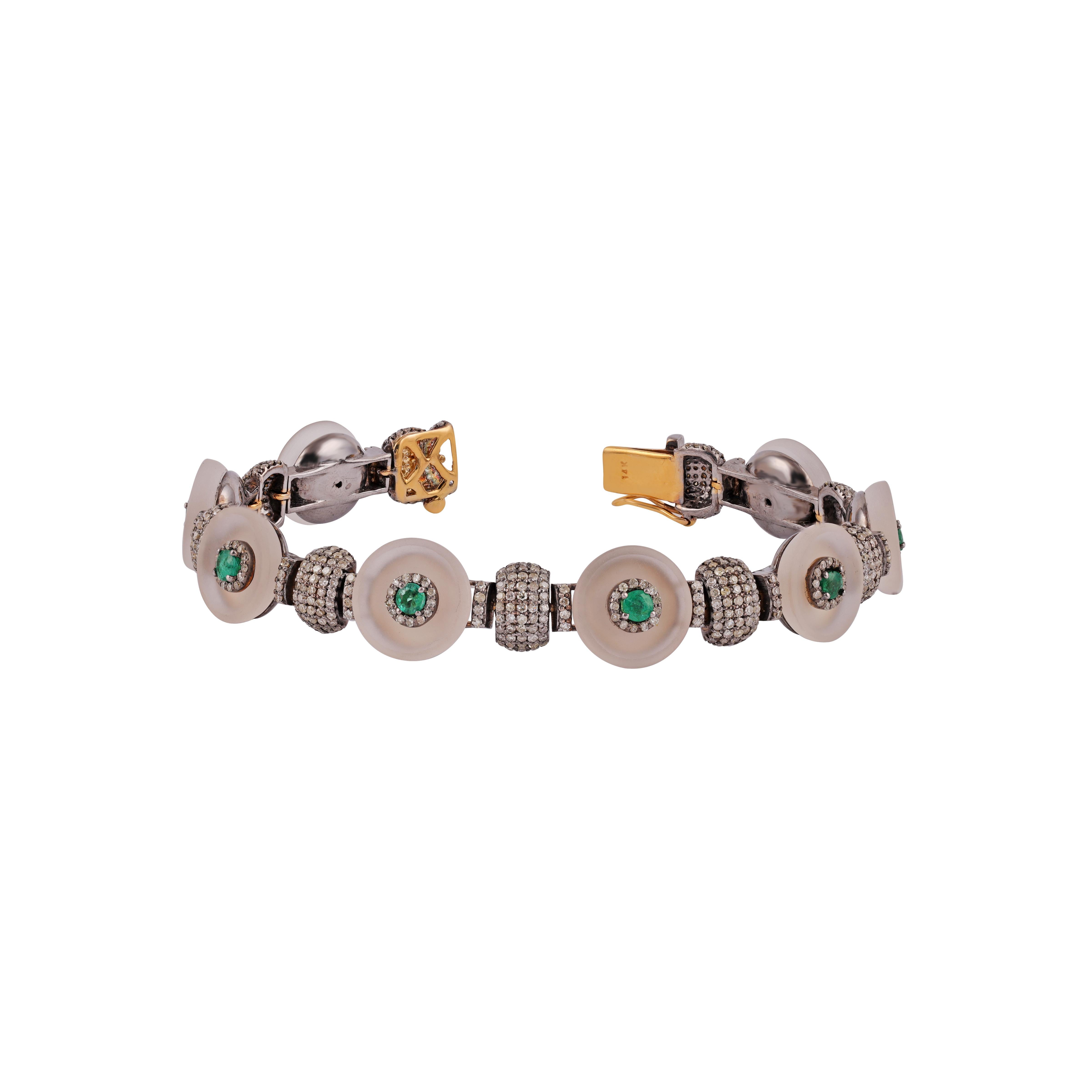 Antique Victorian  bracelet featuring Diamond , emeralds & crystal in 18k solid gold & Silver. This piece is luxurious and craftsmanship can be seen through out. The diamonds total carat weight is approx. 4.12cts, crystal 4.12cts ,emeralds