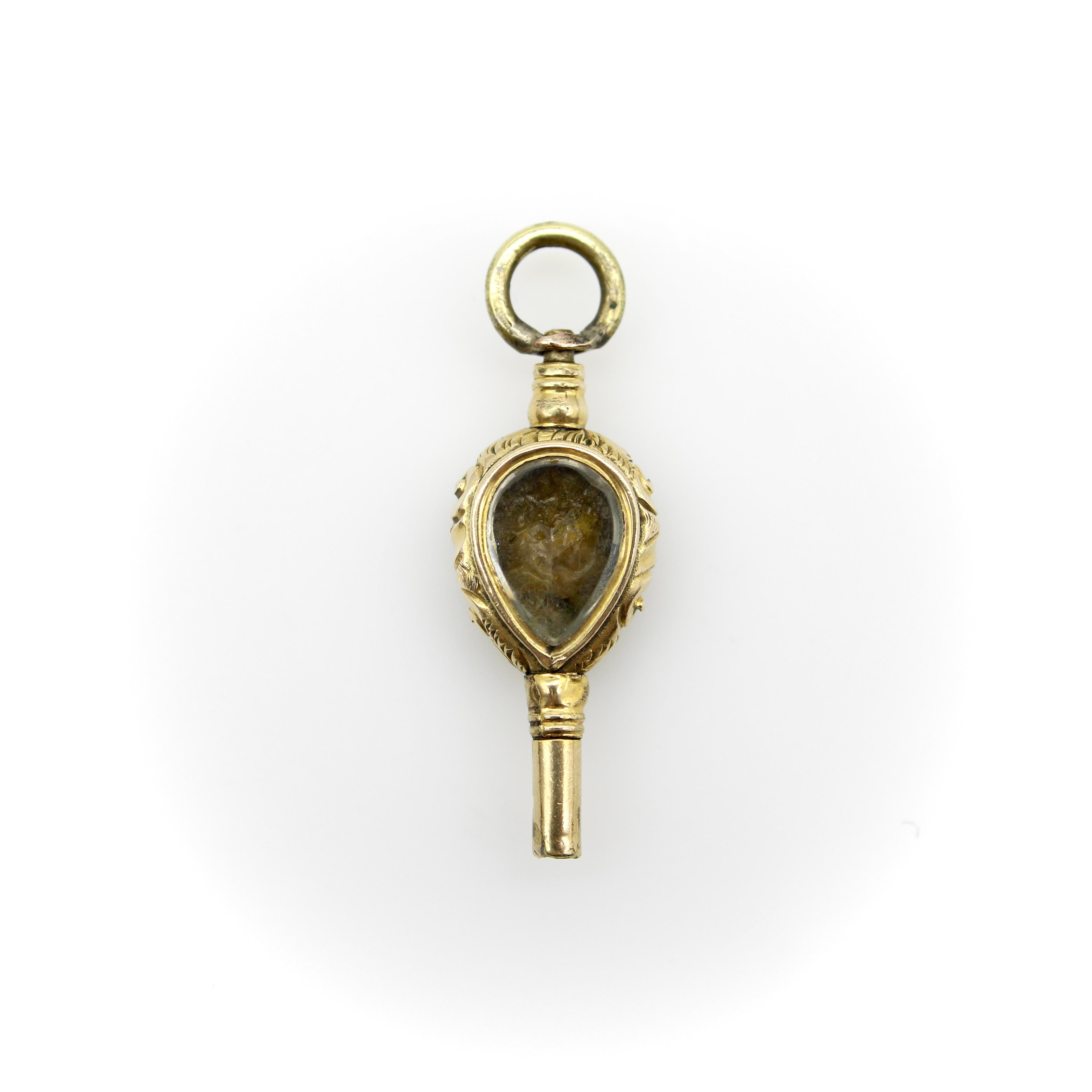 Early Victorian 12K Gold Rock Crystal and Bloodstone Tear Drop Fob In Good Condition For Sale In Venice, CA
