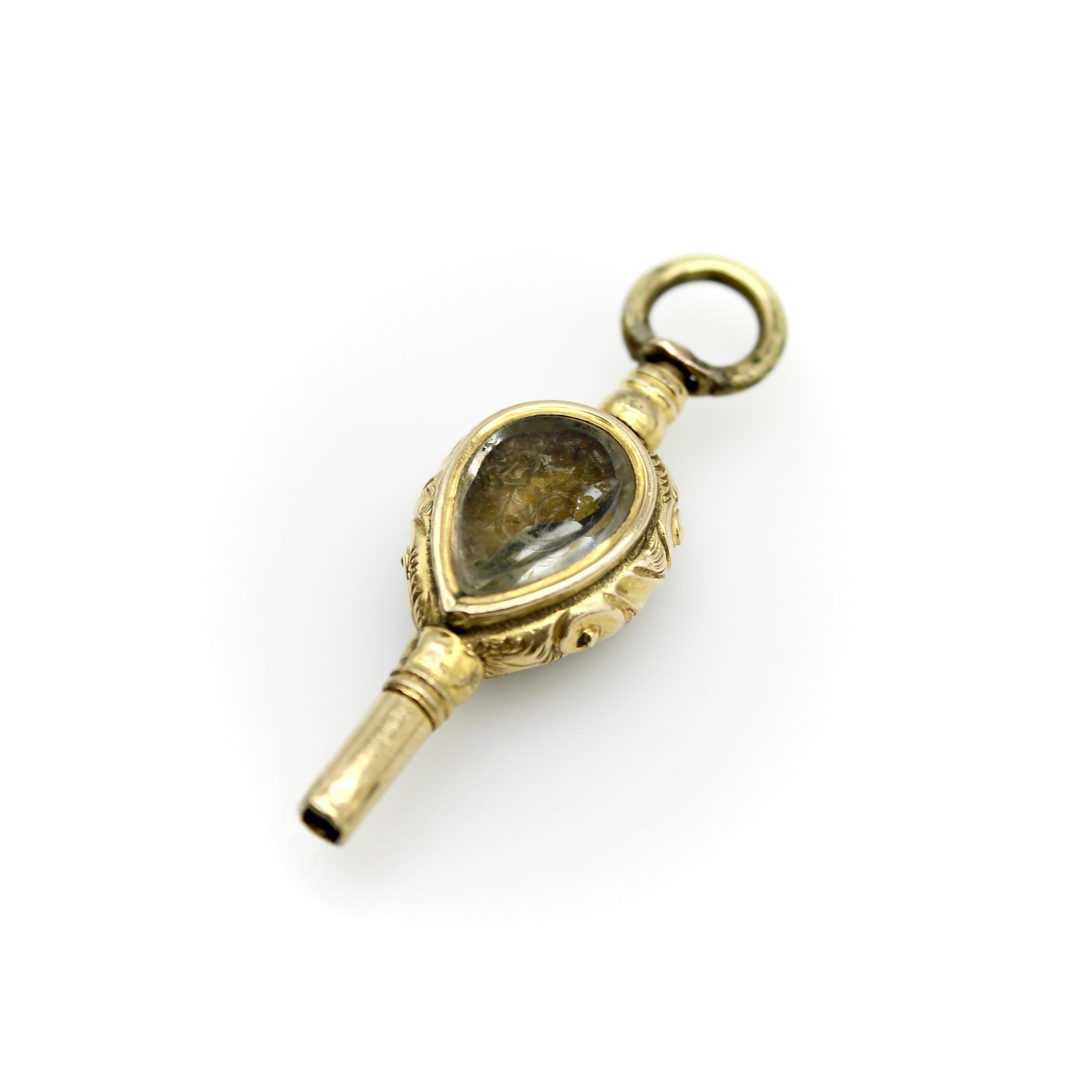 Women's or Men's Early Victorian 12K Gold Rock Crystal and Bloodstone Tear Drop Fob For Sale