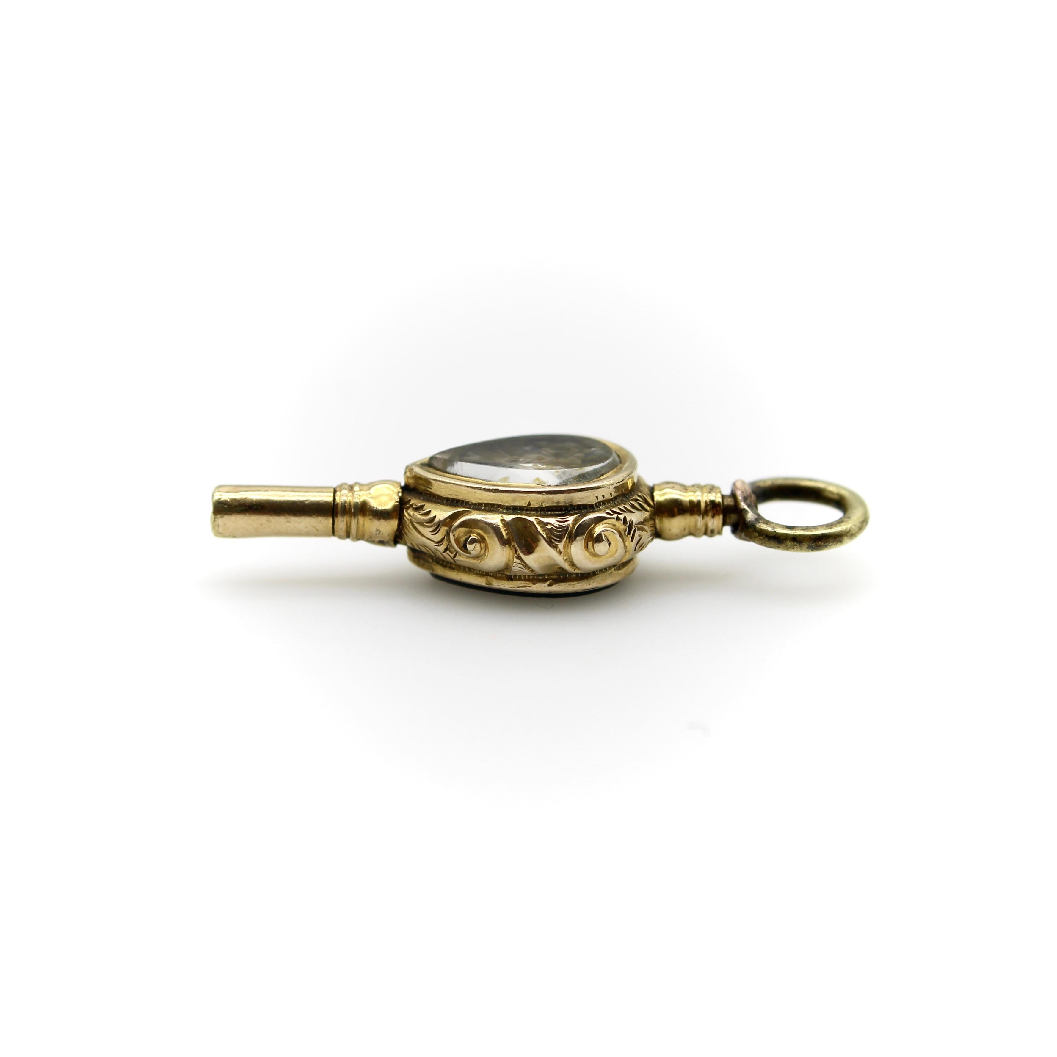 Early Victorian 12K Gold Rock Crystal and Bloodstone Tear Drop Fob For Sale 1