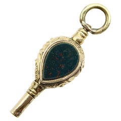 Early Victorian 12K Gold Rock Crystal and Bloodstone Tear Drop Fob