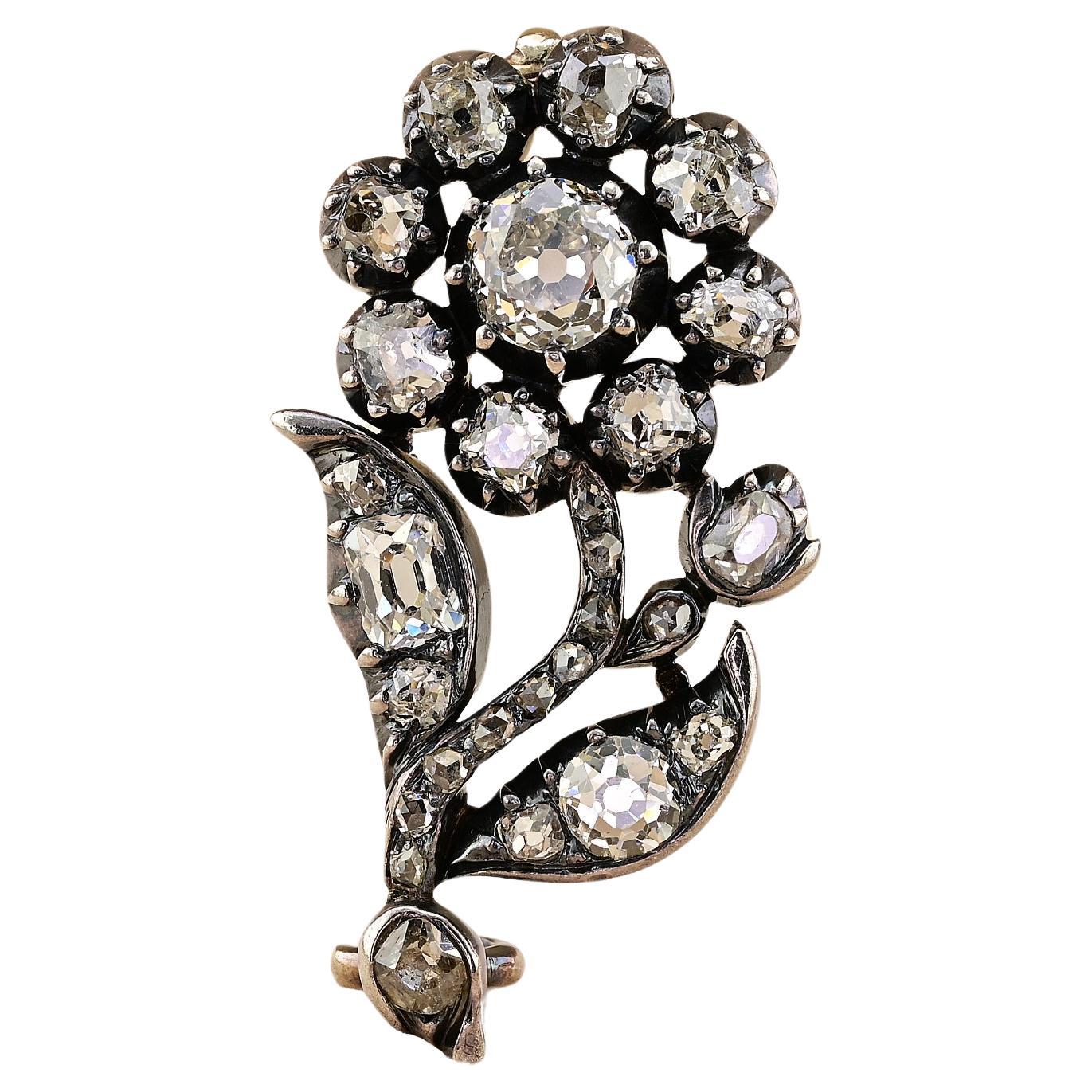 Early Victorian 1.40 CT Diamond Flower Brooch 18 KT Silver For Sale