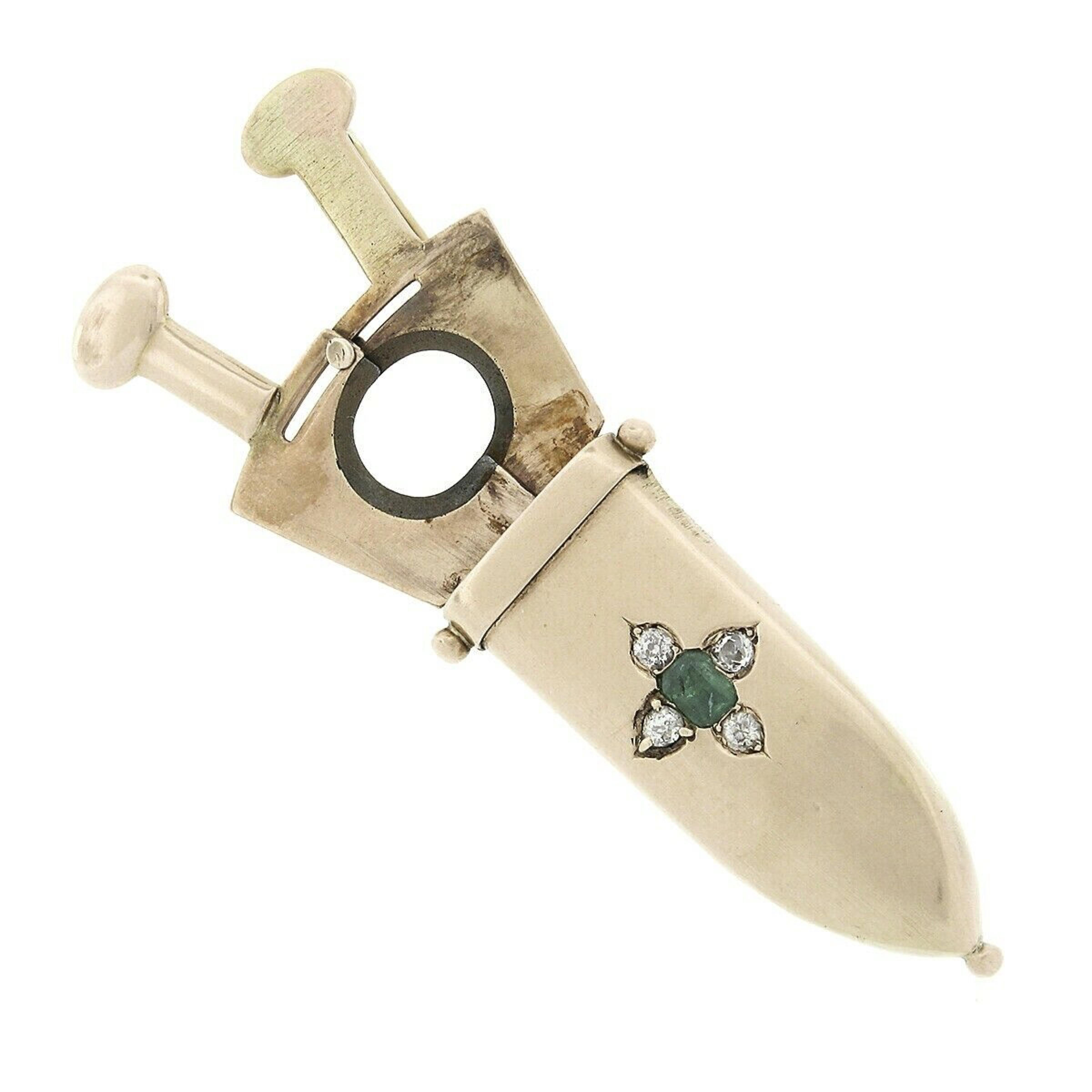 Emerald Cut Early Victorian 14k Gold Emerald Mine Diamond Sword Cigar Cutter Brooch Pin For Sale