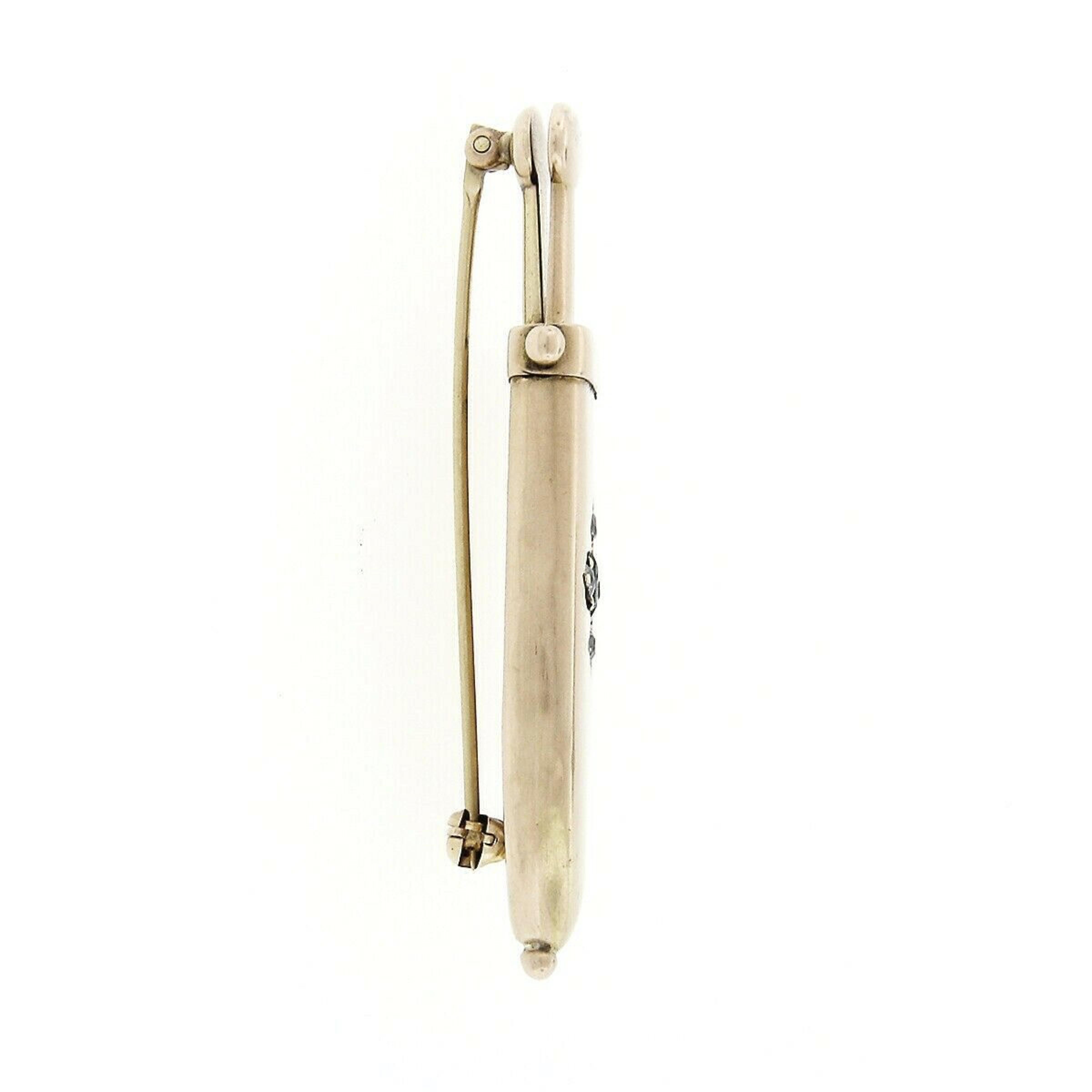 Early Victorian 14k Gold Emerald Mine Diamond Sword Cigar Cutter Brooch Pin For Sale 2
