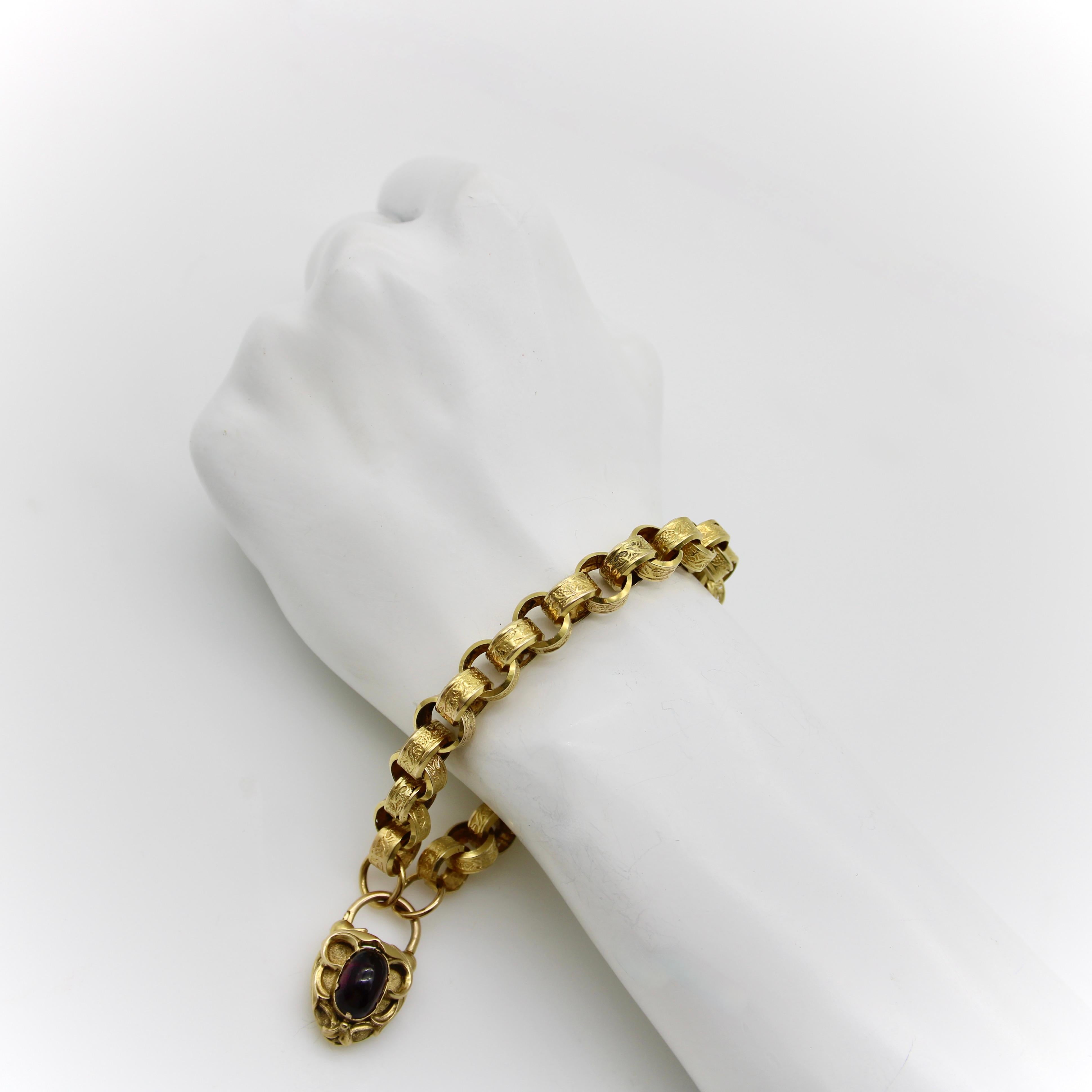 Women's or Men's Early Victorian 14K Gold Padlock Garnet Heart Clasp Rolo Link Bracelet  For Sale