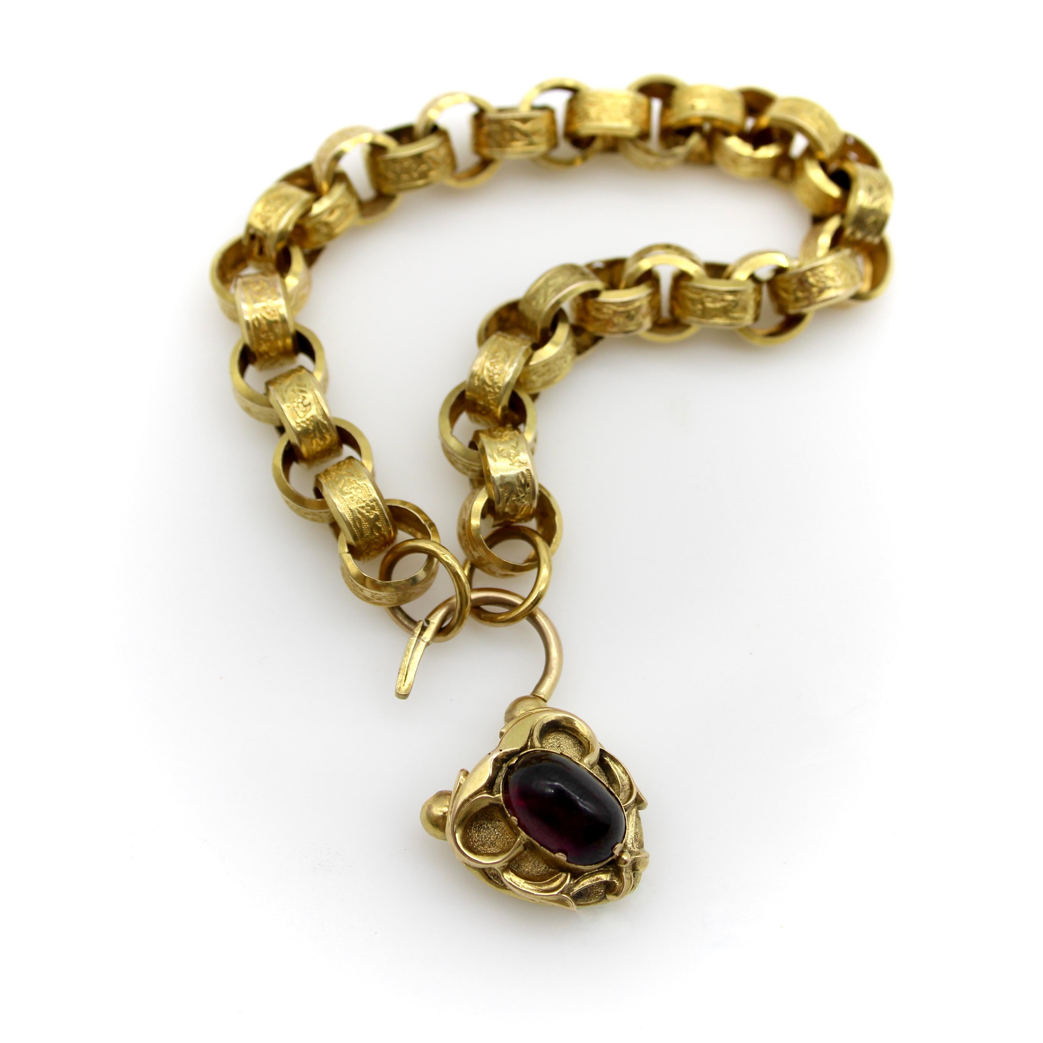Early Victorian 14K Gold Padlock Garnet Heart Clasp Rolo Link Bracelet  For Sale 1