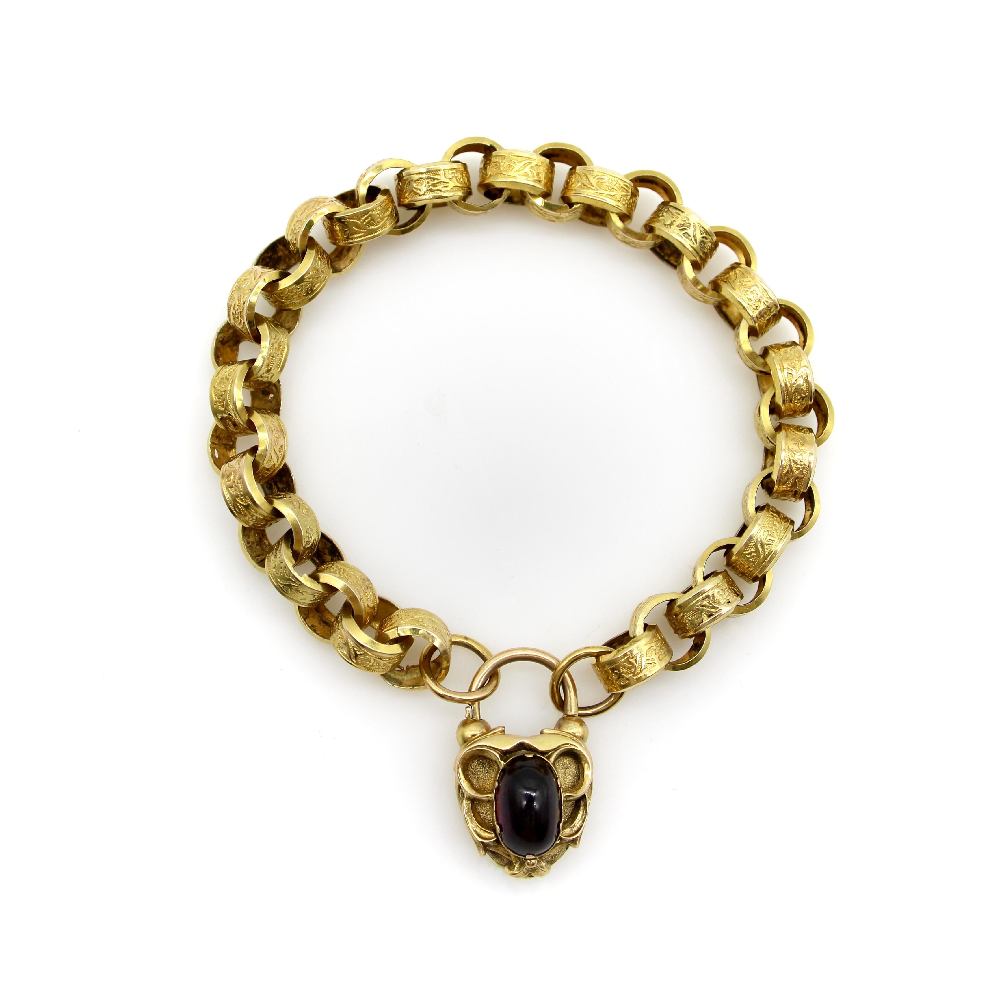 Early Victorian 14K Gold Padlock Garnet Heart Clasp Rolo Link Bracelet  For Sale 4