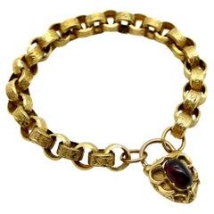 Early Victorian 14K Gold Padlock Garnet Heart Clasp Rolo Link Bracelet