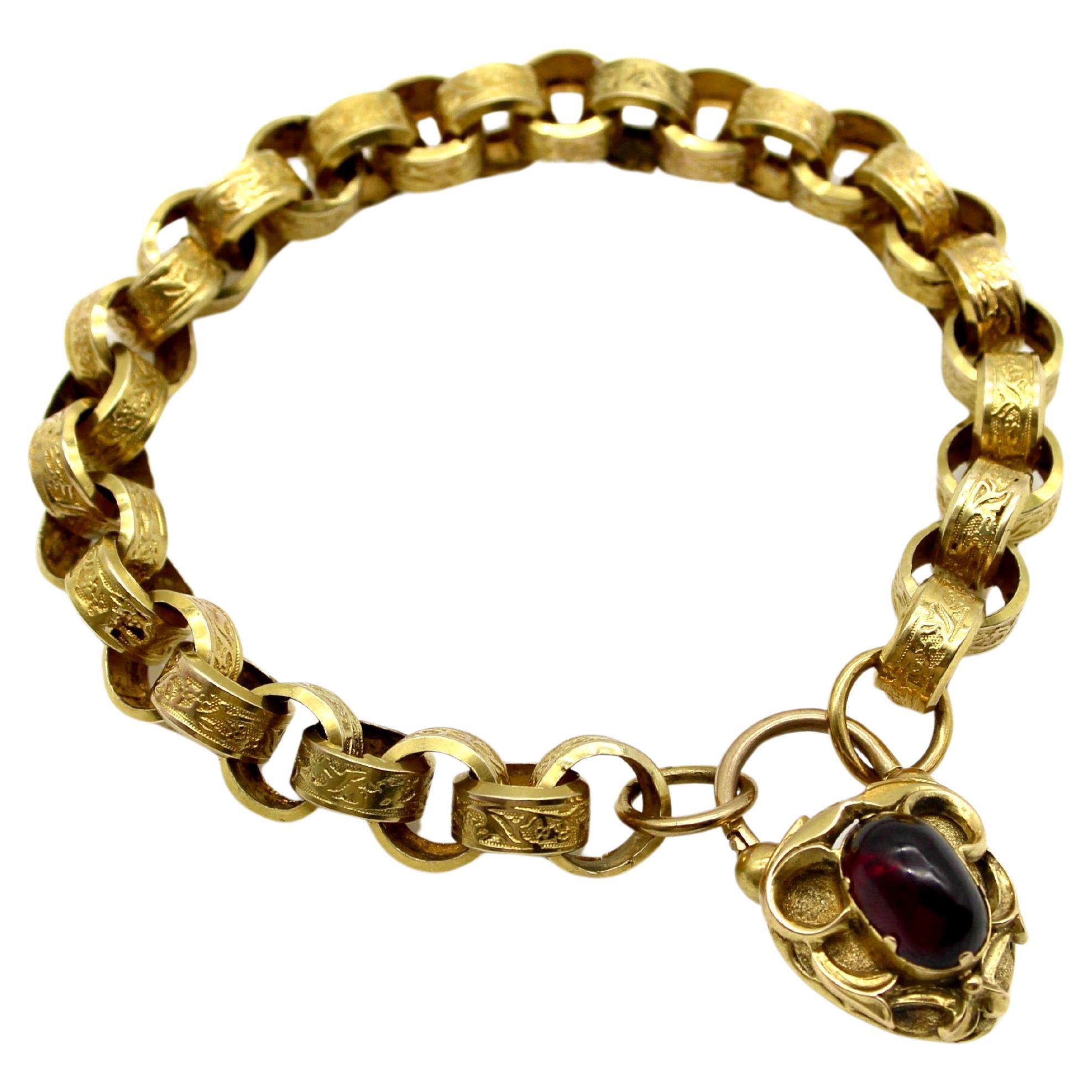 Early Victorian 14K Gold Padlock Garnet Heart Clasp Rolo Link Bracelet  For Sale