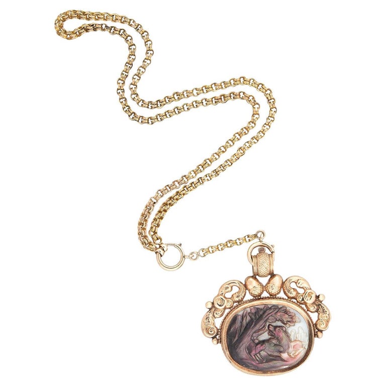 Early Victorian 14kt Carved Mother of Pearl Spinner Fob Chain