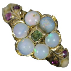 Antique Early Victorian 15ct Gold Emerald Opal Ruby Snake Cluster Ring
