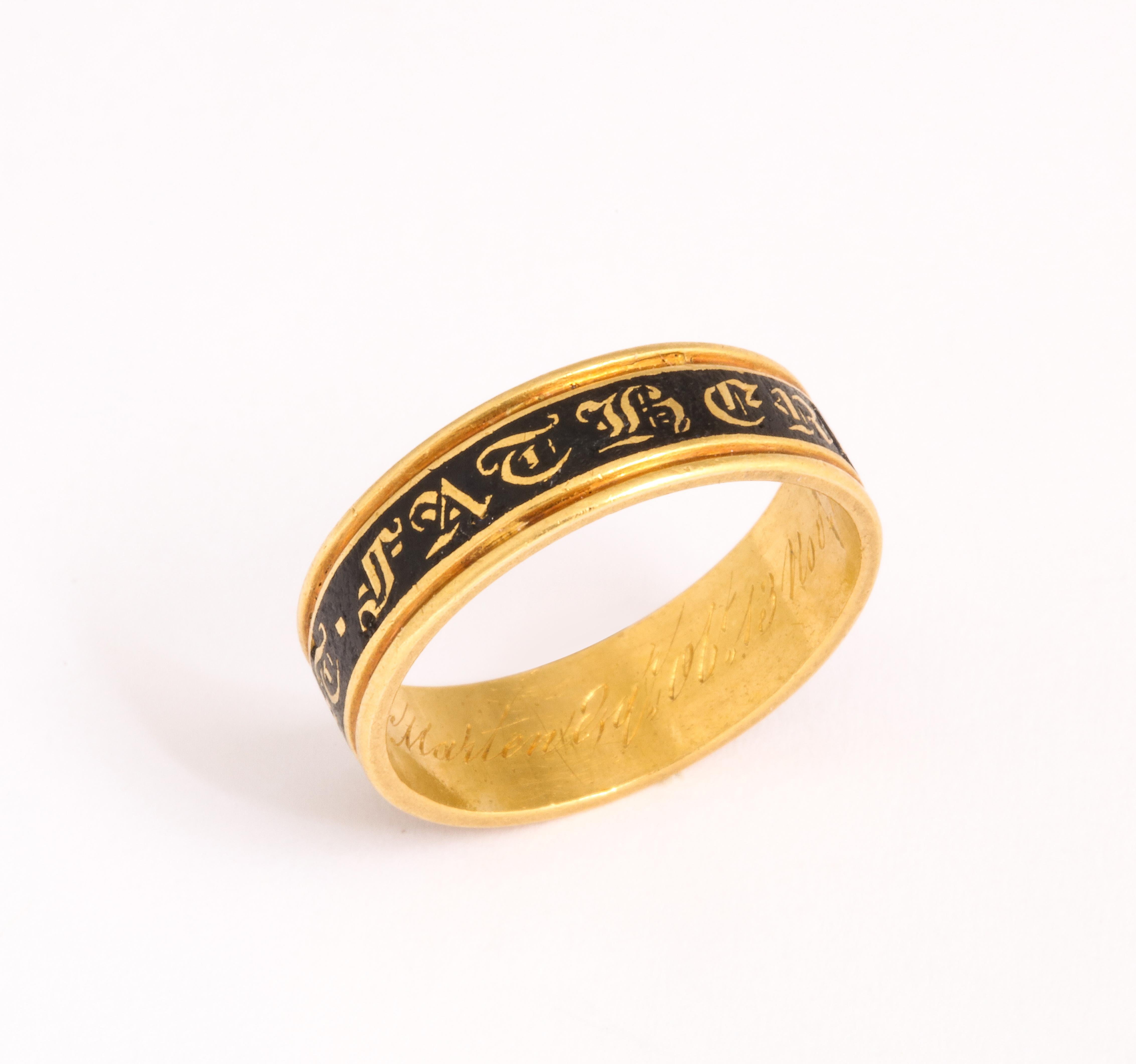 An endearing 18 kt gold and enamel memorial band celebrating the life of  a dear father, dated 1842 honors William Marten Esquire who passed away at the ripe age of 81 years. My goodness William was born in 1741!! In this year Handel composed the