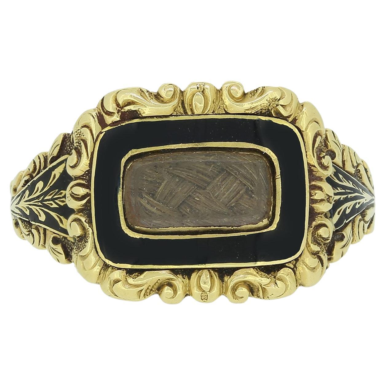 Early Victorian 1830s Hair Locket Black Enamel Mourning Ring For Sale