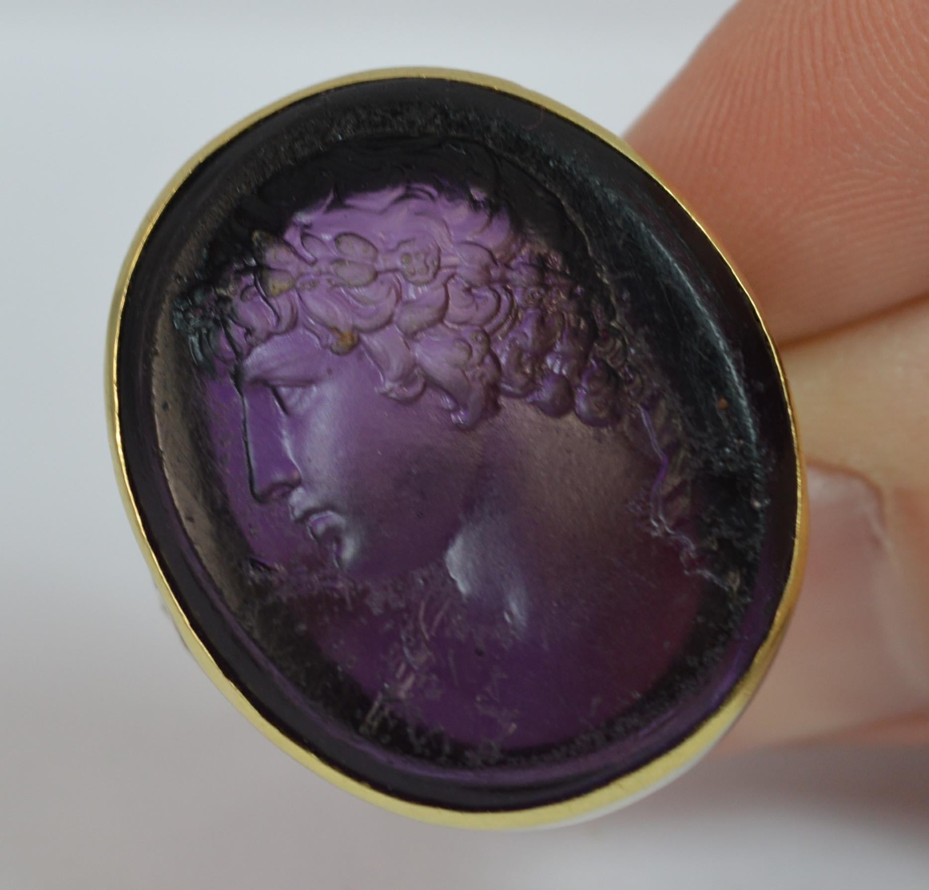 Early Victorian 18 Carat Gold and Purple Glass Intaglio Seal Signet Ring 5
