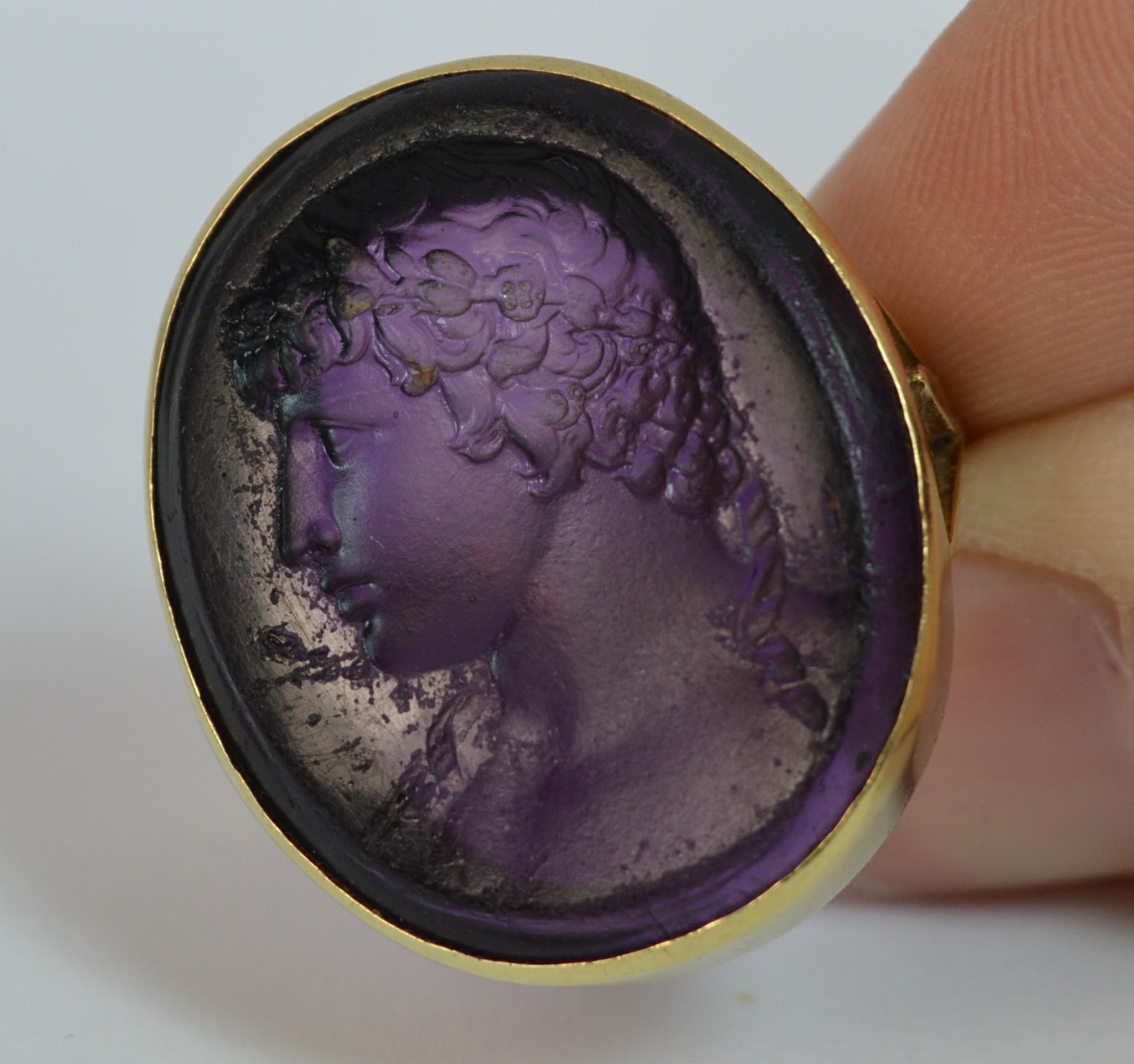 Early Victorian 18 Carat Gold and Purple Glass Intaglio Seal Signet Ring 6
