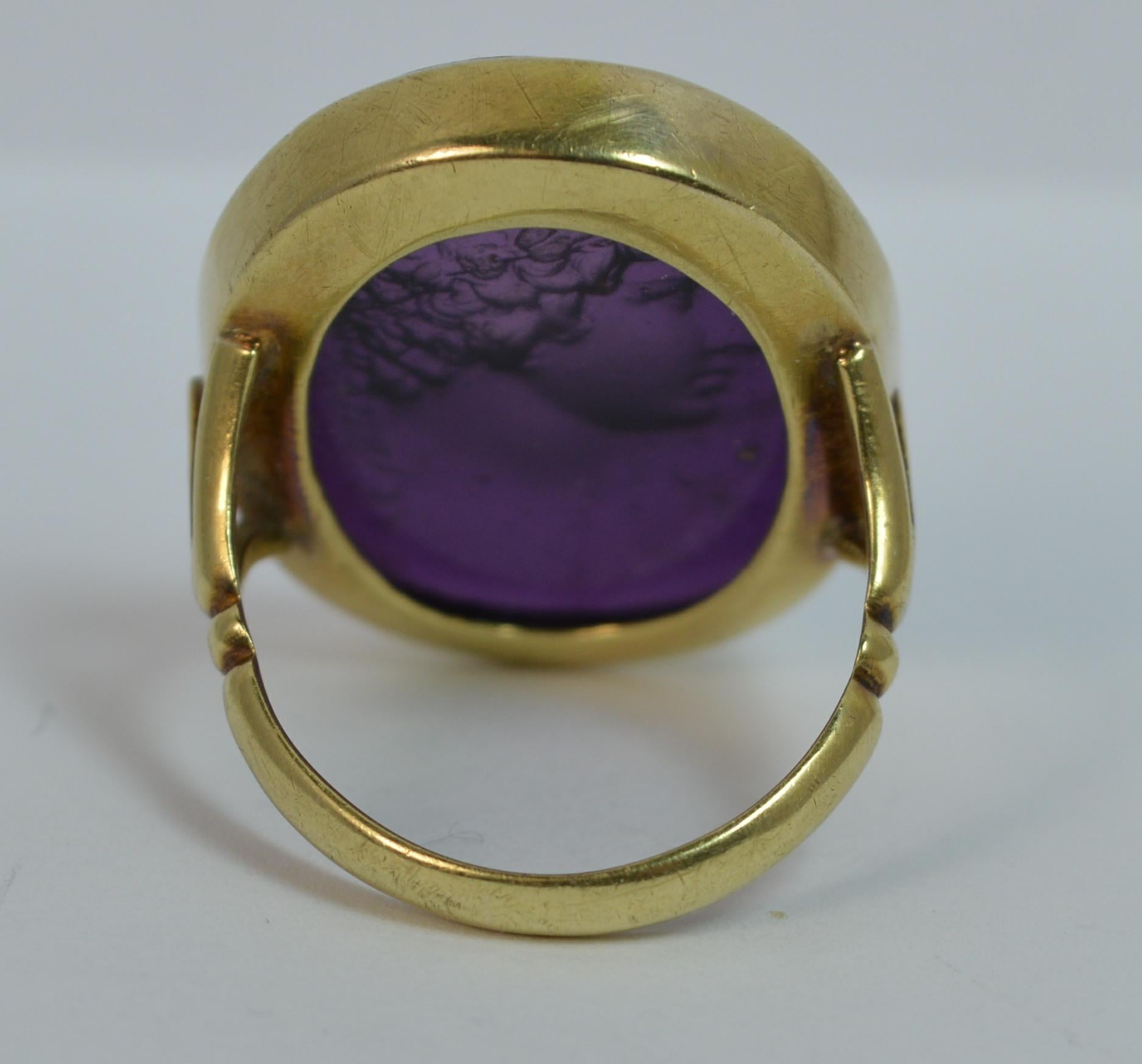 Early Victorian 18 Carat Gold and Purple Glass Intaglio Seal Signet Ring 1