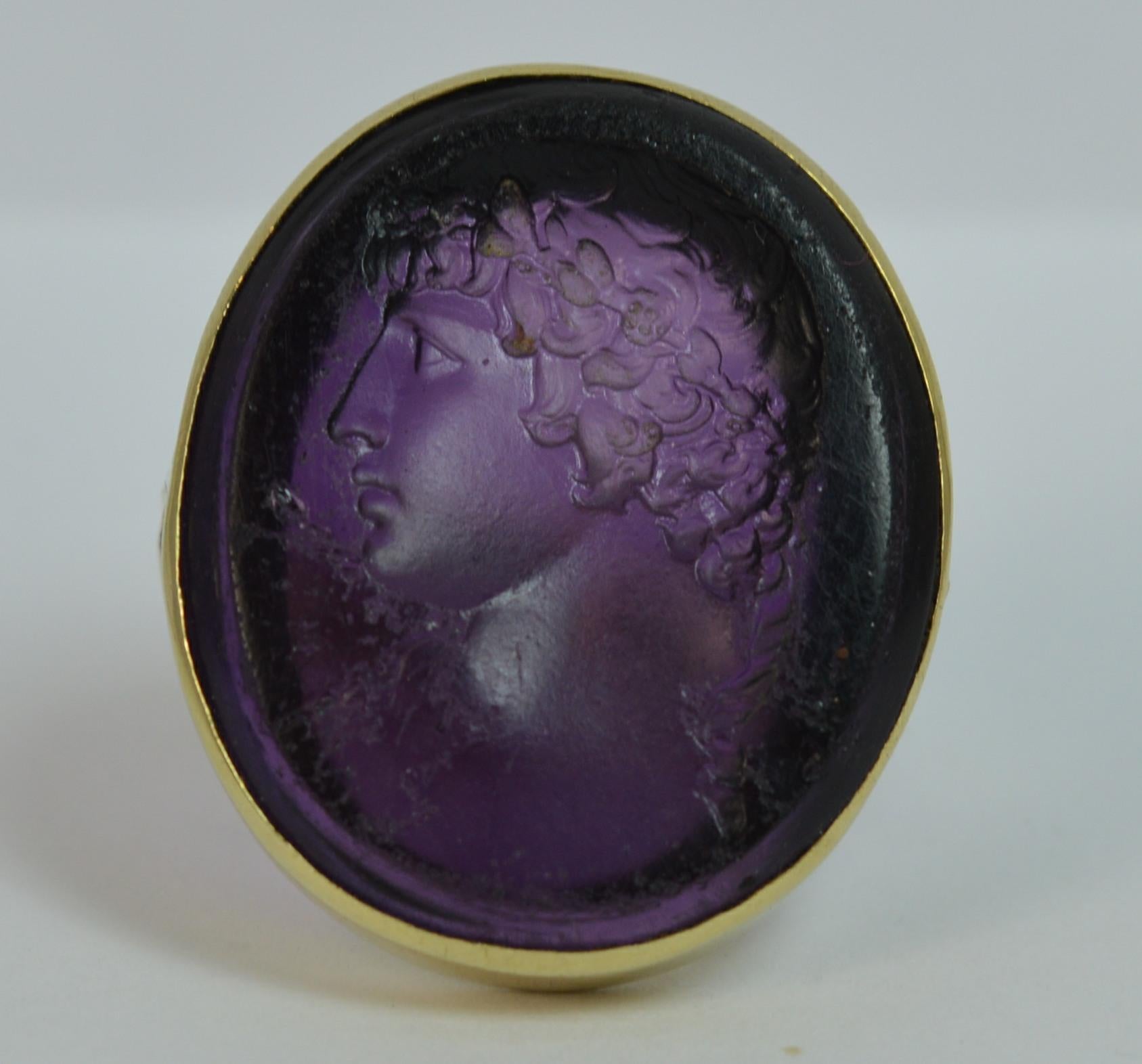 Early Victorian 18 Carat Gold and Purple Glass Intaglio Seal Signet Ring 3