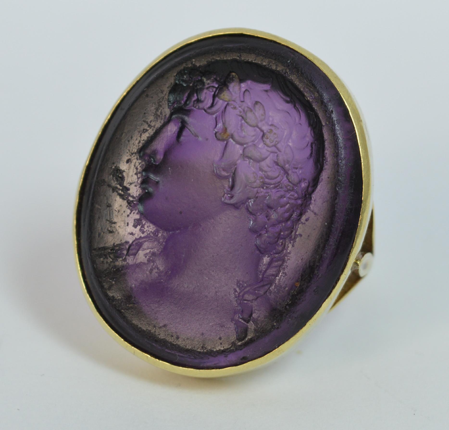 Early Victorian 18 Carat Gold and Purple Glass Intaglio Seal Signet Ring 4