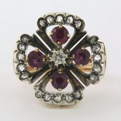 Early Victorian 18k Gold Silver Ruby Diamond Cocktail Ring, Circa 1880