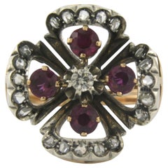 Early Victorian 18k Gold Silver Ruby Diamond Cocktail Ring, Circa 1880