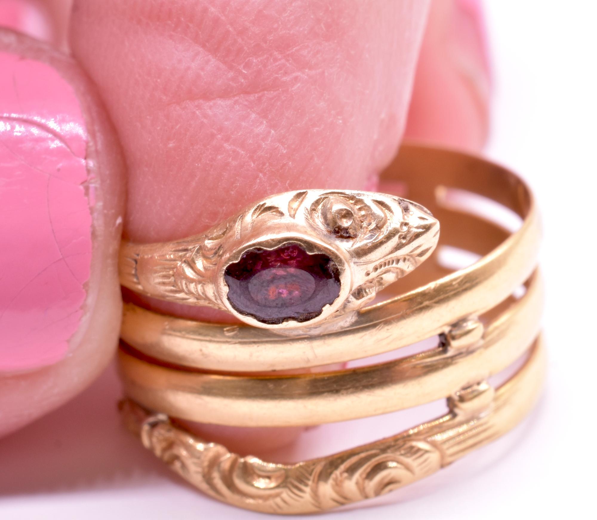 Early Victorian 18K Triple Layered Snake Ring with a Garnet Studded Head 4