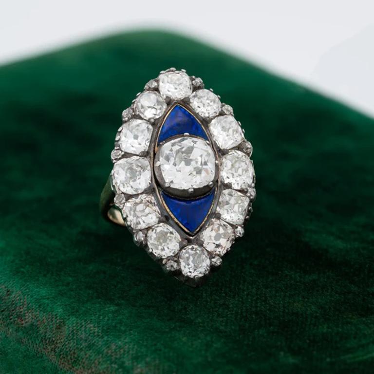 Early Victorian 18K Yellow Gold, Silver and 6.0Cts Diamonds and Blue ...