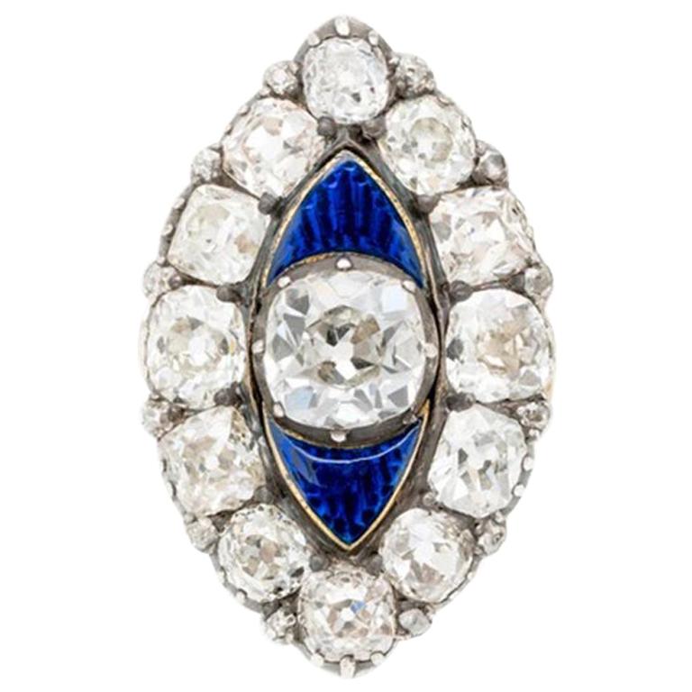 Early Victorian 18K Yellow Gold, Silver and 6.0Cts Diamonds and Blue Enamel Ring For Sale