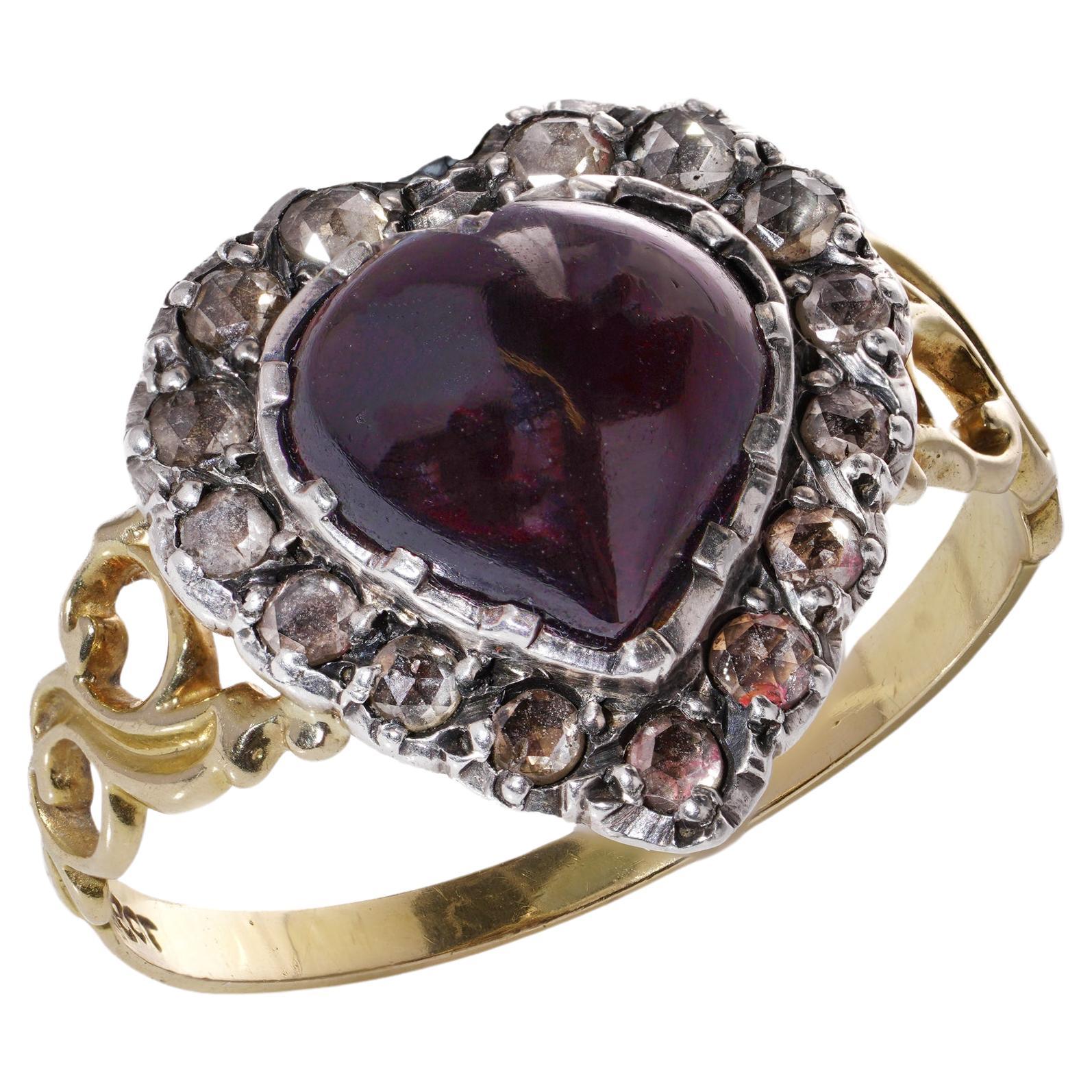 Early Victorian 18kt. gold and silver heart-shaped garnet cluster ring 