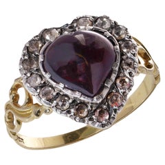 Antique Early Victorian 18kt. gold and silver heart-shaped garnet cluster ring 