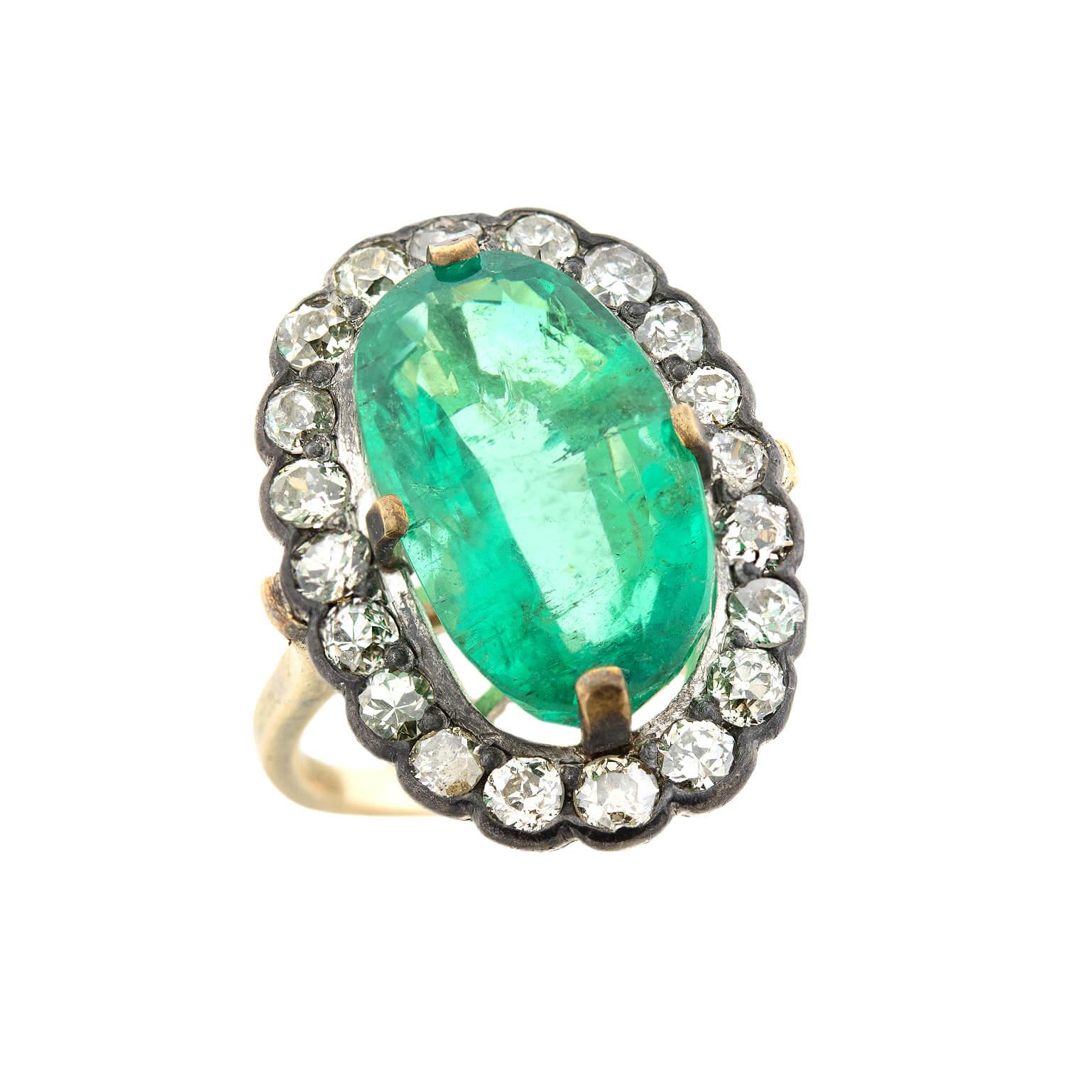 Oval Cut Early Victorian 18kt/Sterling Colombian Emerald + Diamond Cluster Ring 9ctw