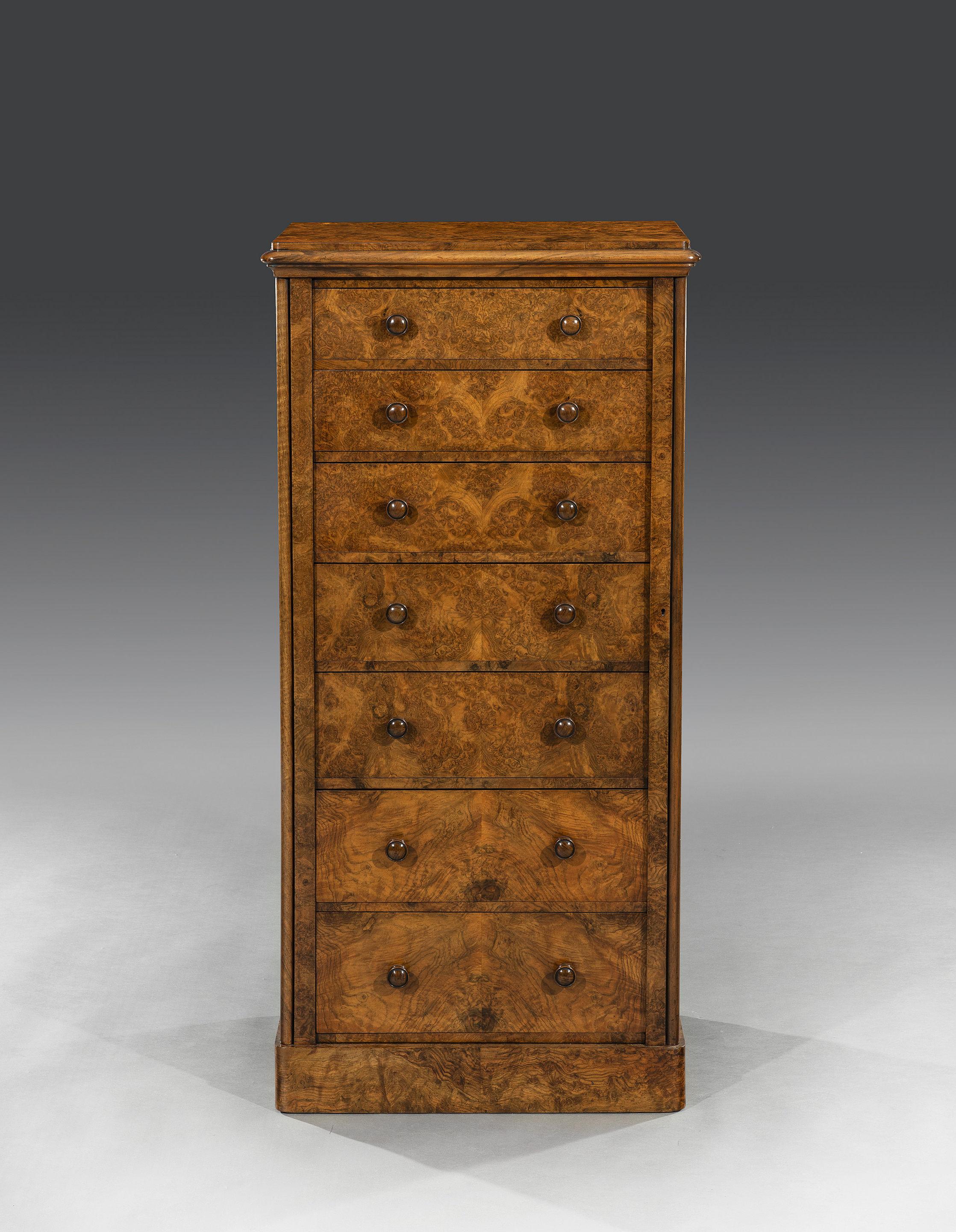 Mid-19th Century Early Victorian 19th Century English Burr Walnut Wellington Chest of Drawers
