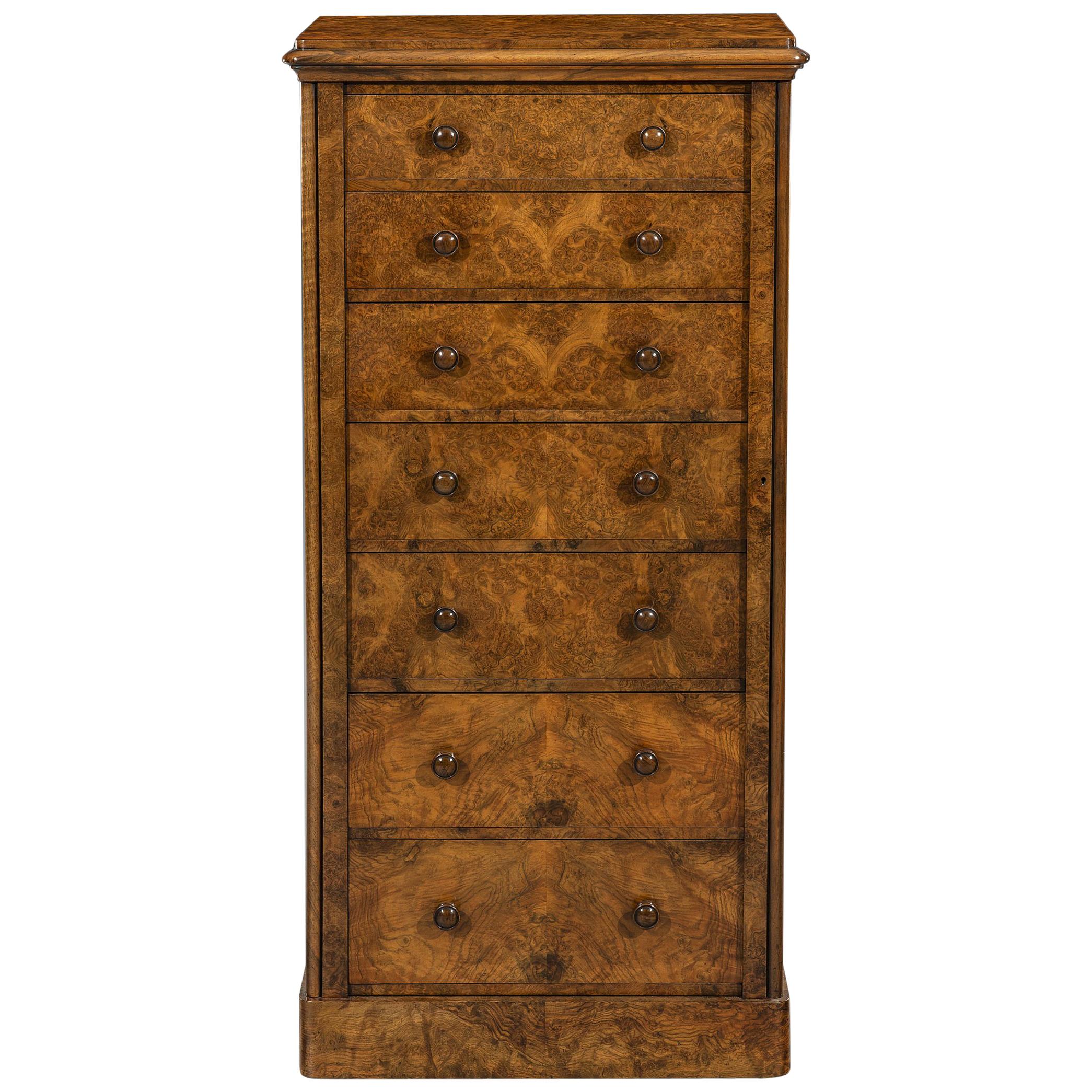 Early Victorian 19th Century English Burr Walnut Wellington Chest of Drawers
