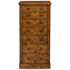 Early Victorian 19th Century English Burr Walnut Wellington Chest of Drawers