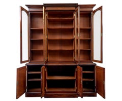 Early Victorian 19th century flame mahogany breakfront bookcase