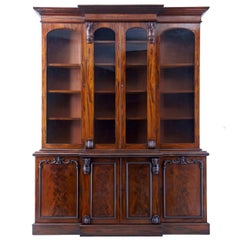 Antique Early Victorian 19th Century Flame Mahogany Breakfront Bookcase