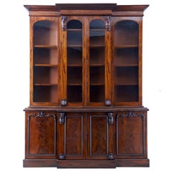 Early Victorian 19th Century Flame Mahogany Breakfront Bookcase