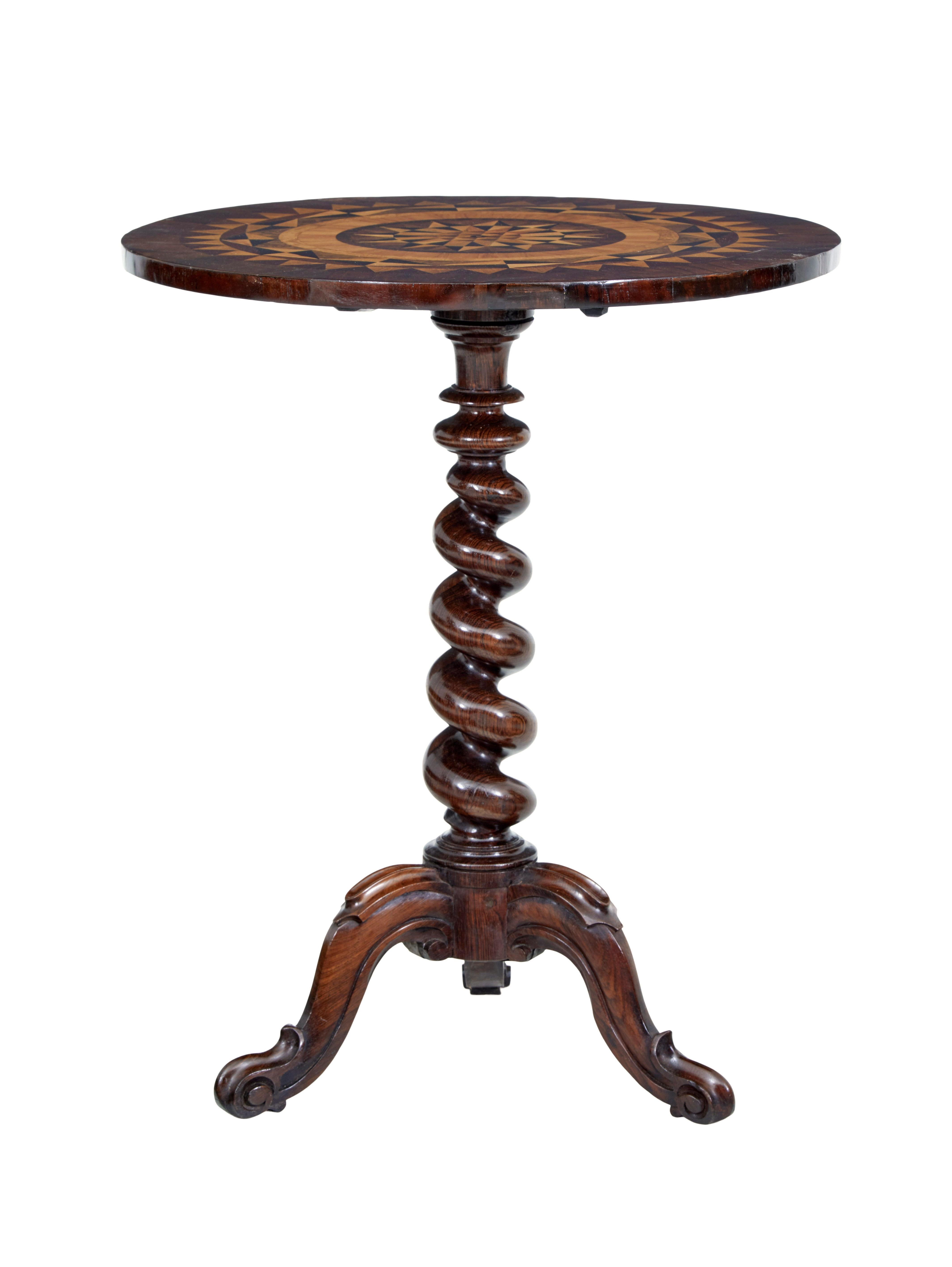 Carved Early Victorian 19th century walnut inlaid tilt top occasional table For Sale