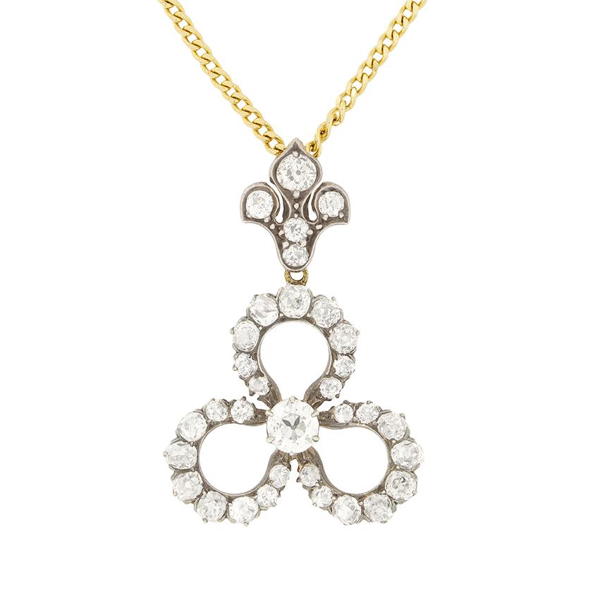 Ciondolo a forma di trifoglio con diamante di 2,50 carati, epoca vittoriana, 1860 ca.