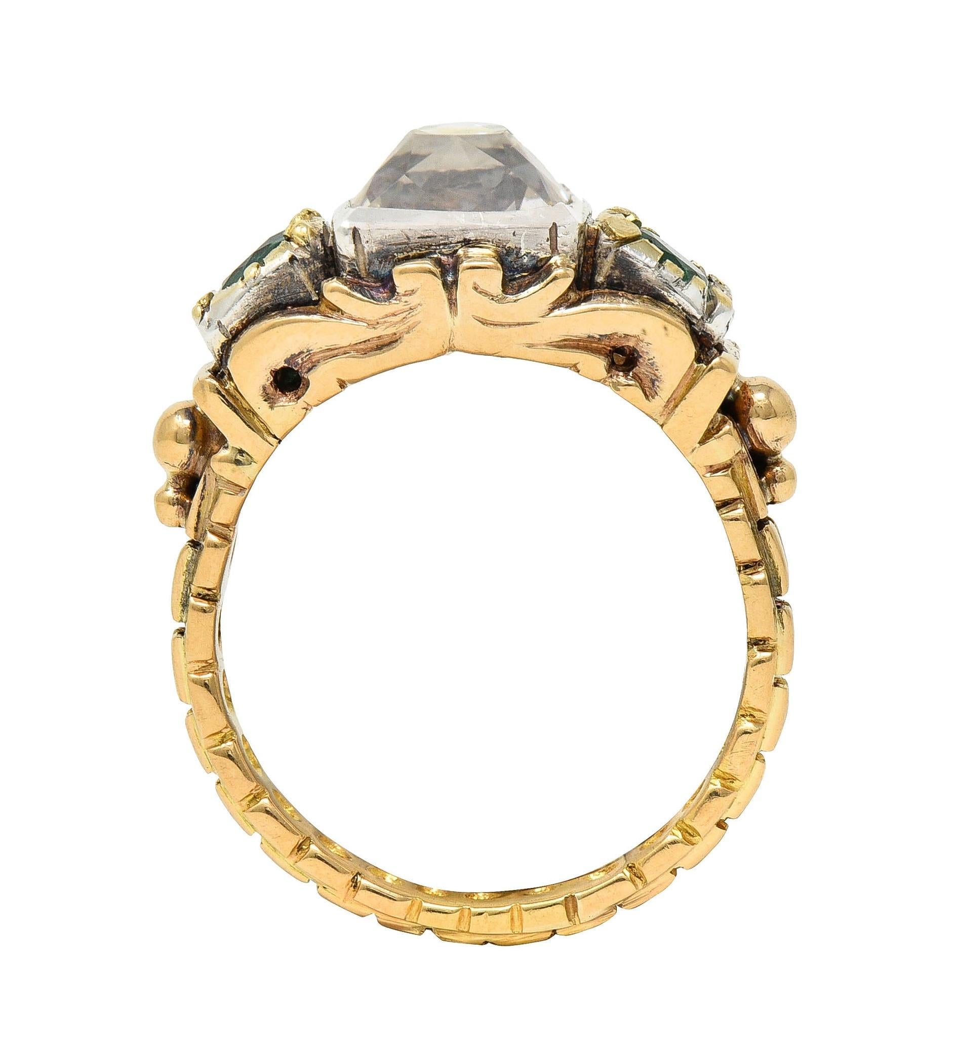 Early Victorian 3.92 CTW Peruzzi Cut Diamond Emerald 18 Karat Gold Antique Ring For Sale 5