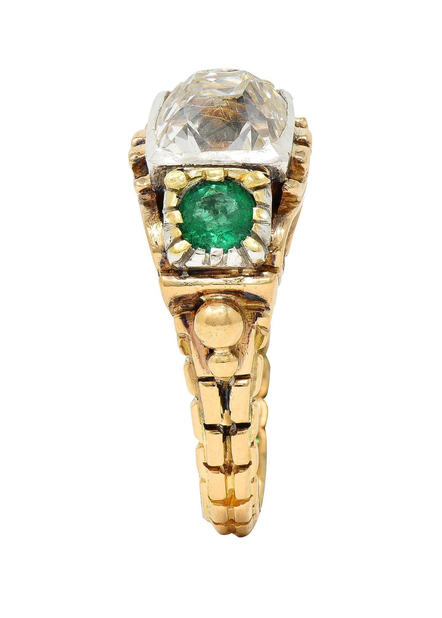 Early Victorian 3.92 CTW Peruzzi Cut Diamond Emerald 18 Karat Gold Antique Ring For Sale 7