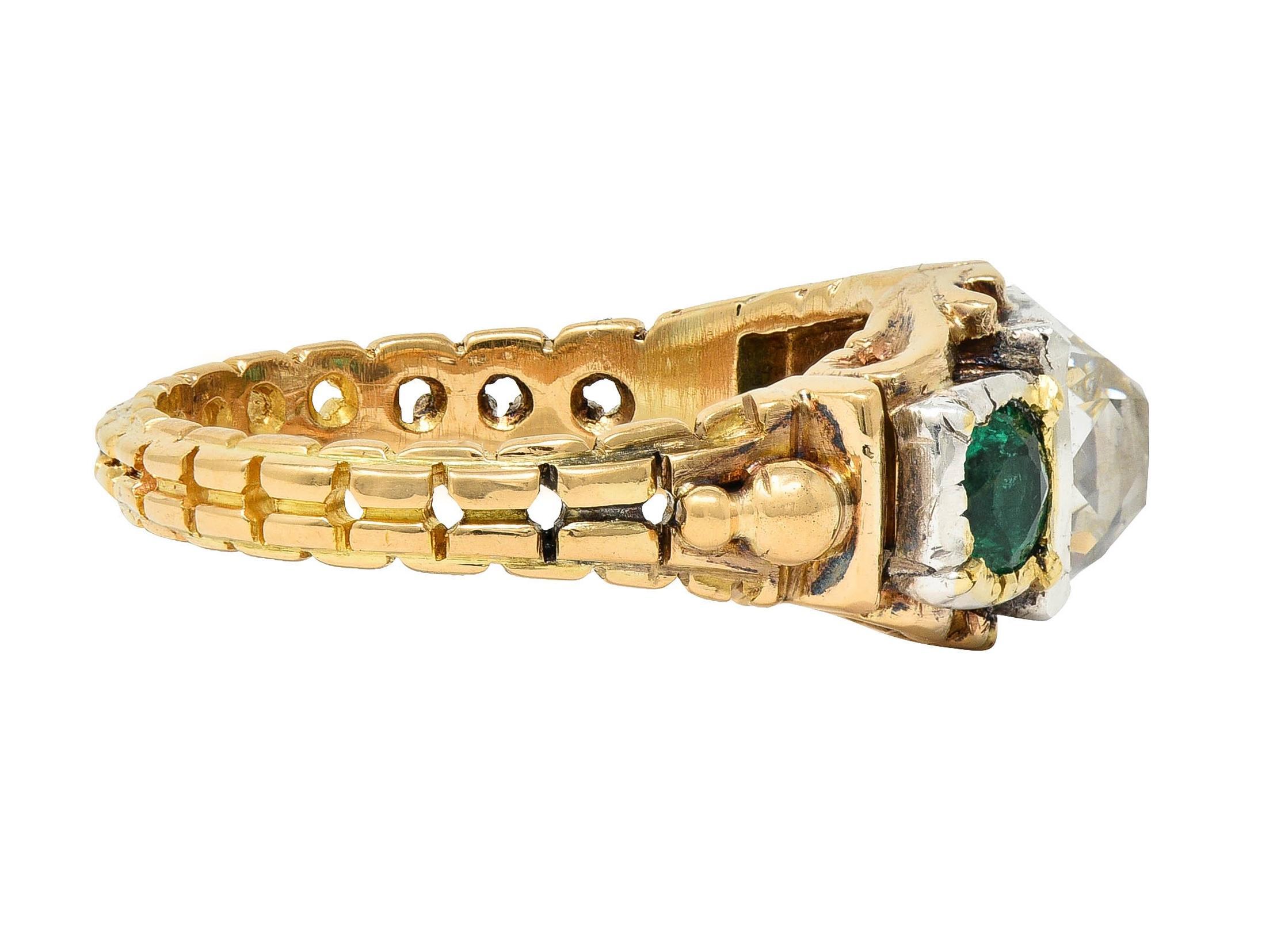 Women's or Men's Early Victorian 3.92 CTW Peruzzi Cut Diamond Emerald 18 Karat Gold Antique Ring For Sale