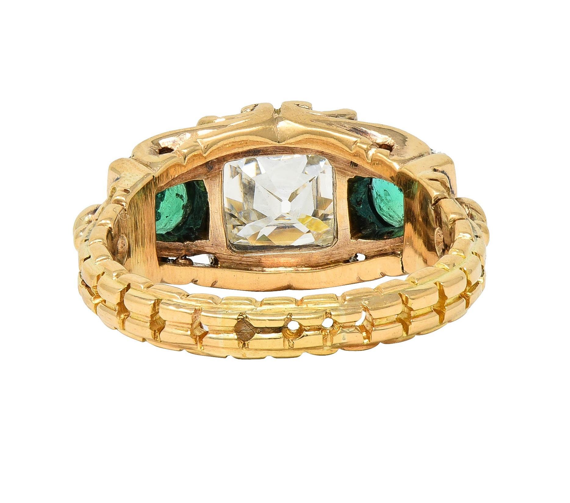 Frühviktorianischer antiker Ring aus 18 Karat Gold mit 3,92 Karat Diamanten und Smaragden im Peruzzi-Schliff im Zustand „Hervorragend“ im Angebot in Philadelphia, PA