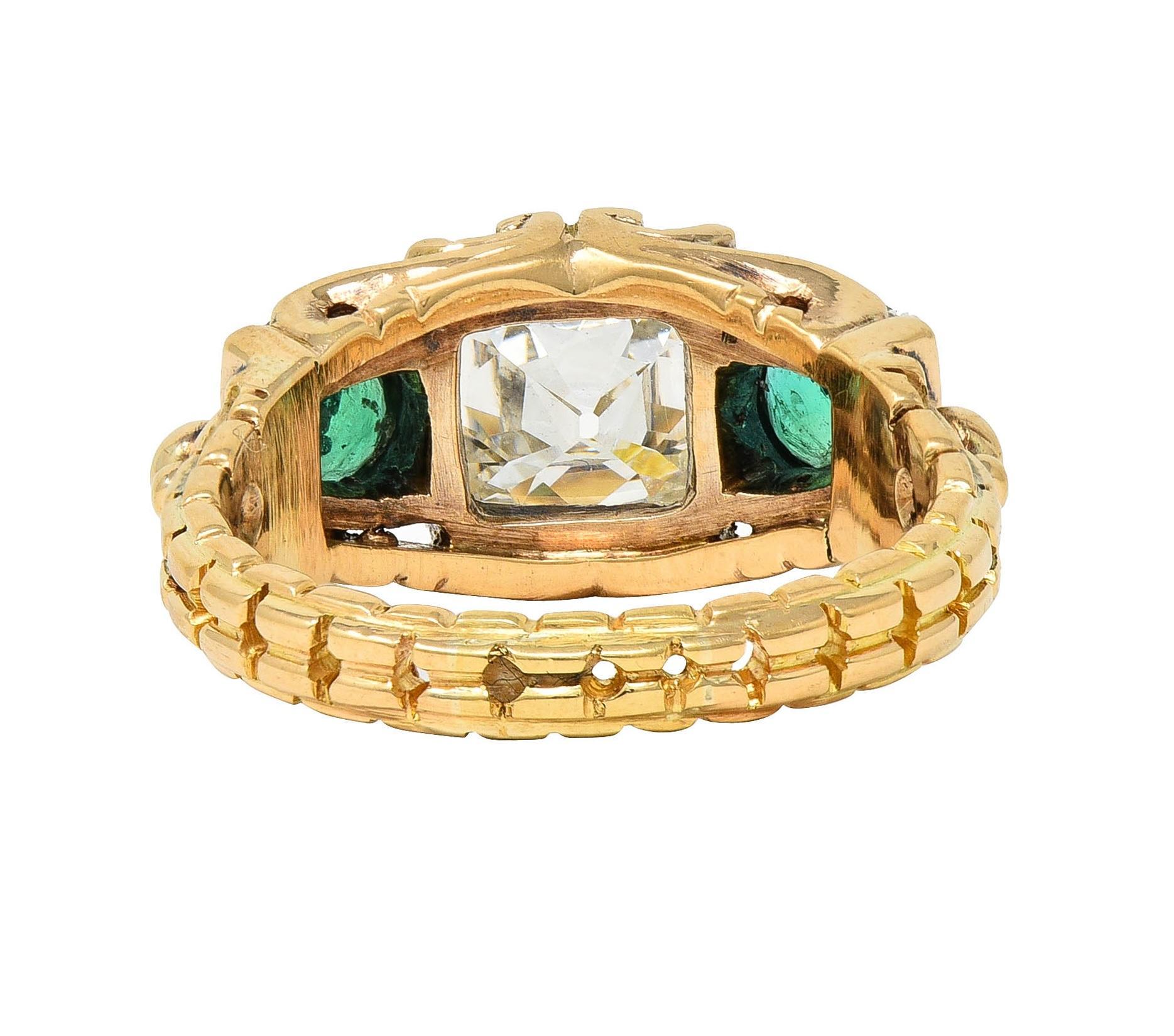 Early Victorian 3.92 CTW Peruzzi Cut Diamond Emerald 18 Karat Gold Antique Ring For Sale 1