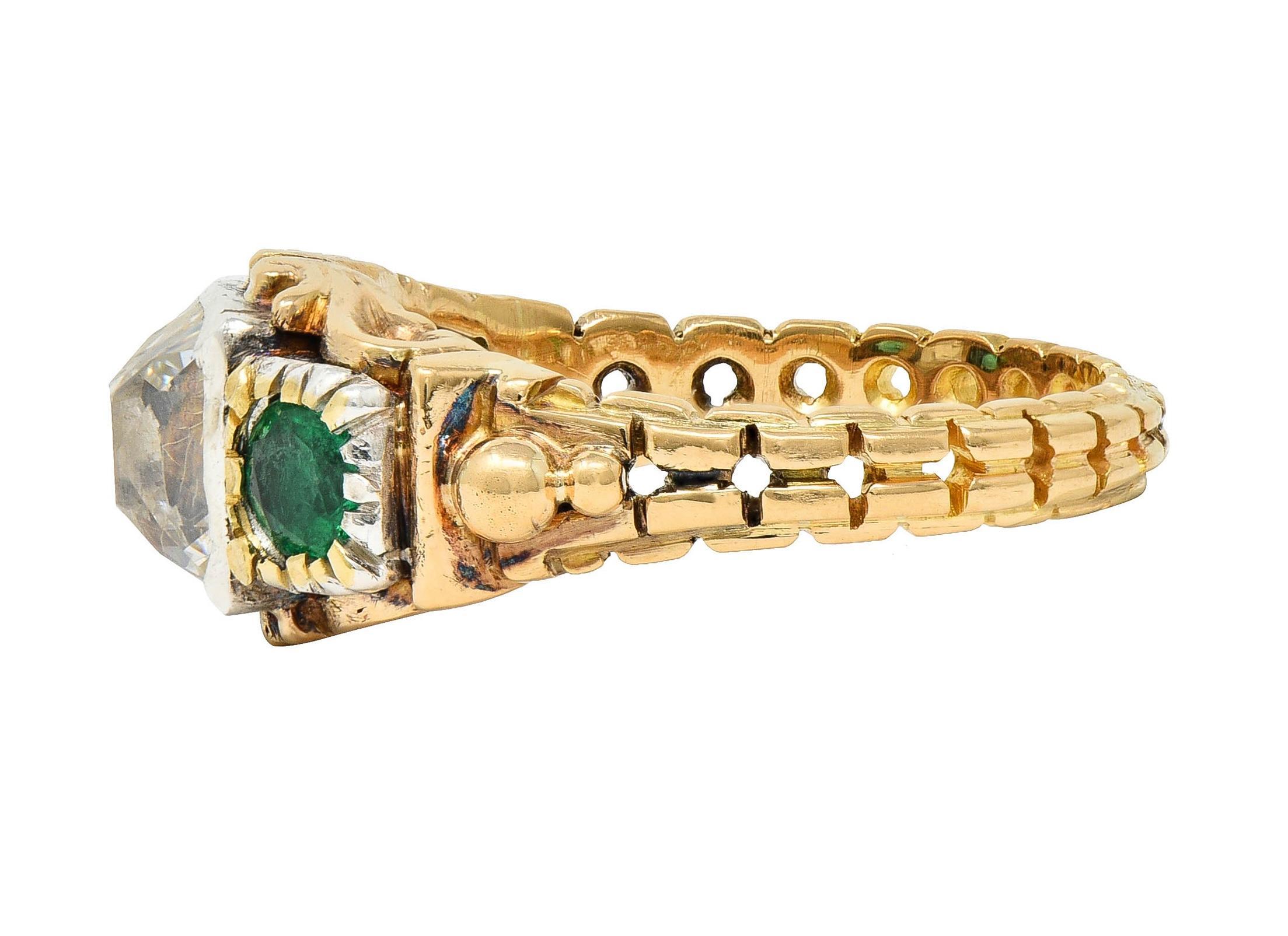 Early Victorian 3.92 CTW Peruzzi Cut Diamond Emerald 18 Karat Gold Antique Ring For Sale 2